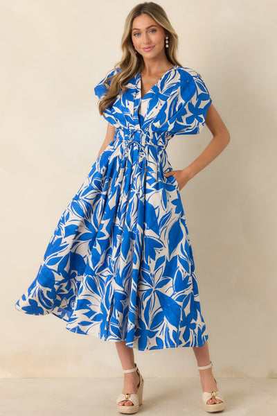 Red Dress | Blue & Ivory Floral Print Cotton Maxi Dress