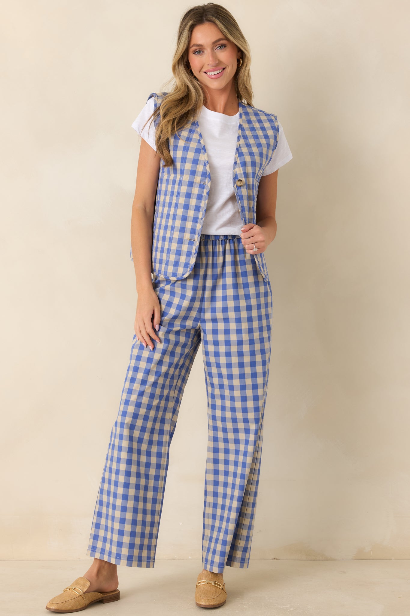 ボトムス melted butter BLUE GINGHAM CHECK PANTS Maris Azure Blue Gingham Cotton Pants | FRNCH
