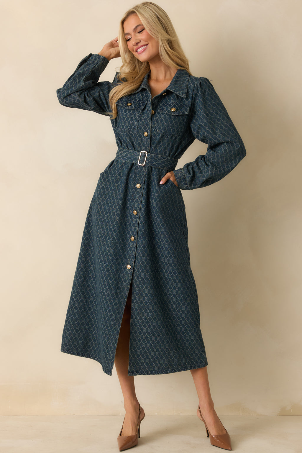 Women's Just As I Said Blue Cotton Patterned Denim Belted Midi Dress | Size: L | Red Dress Women's Just As I Said Blue Cotton Patterned Denim Belted Midi Dress | Size: L | Red Dress