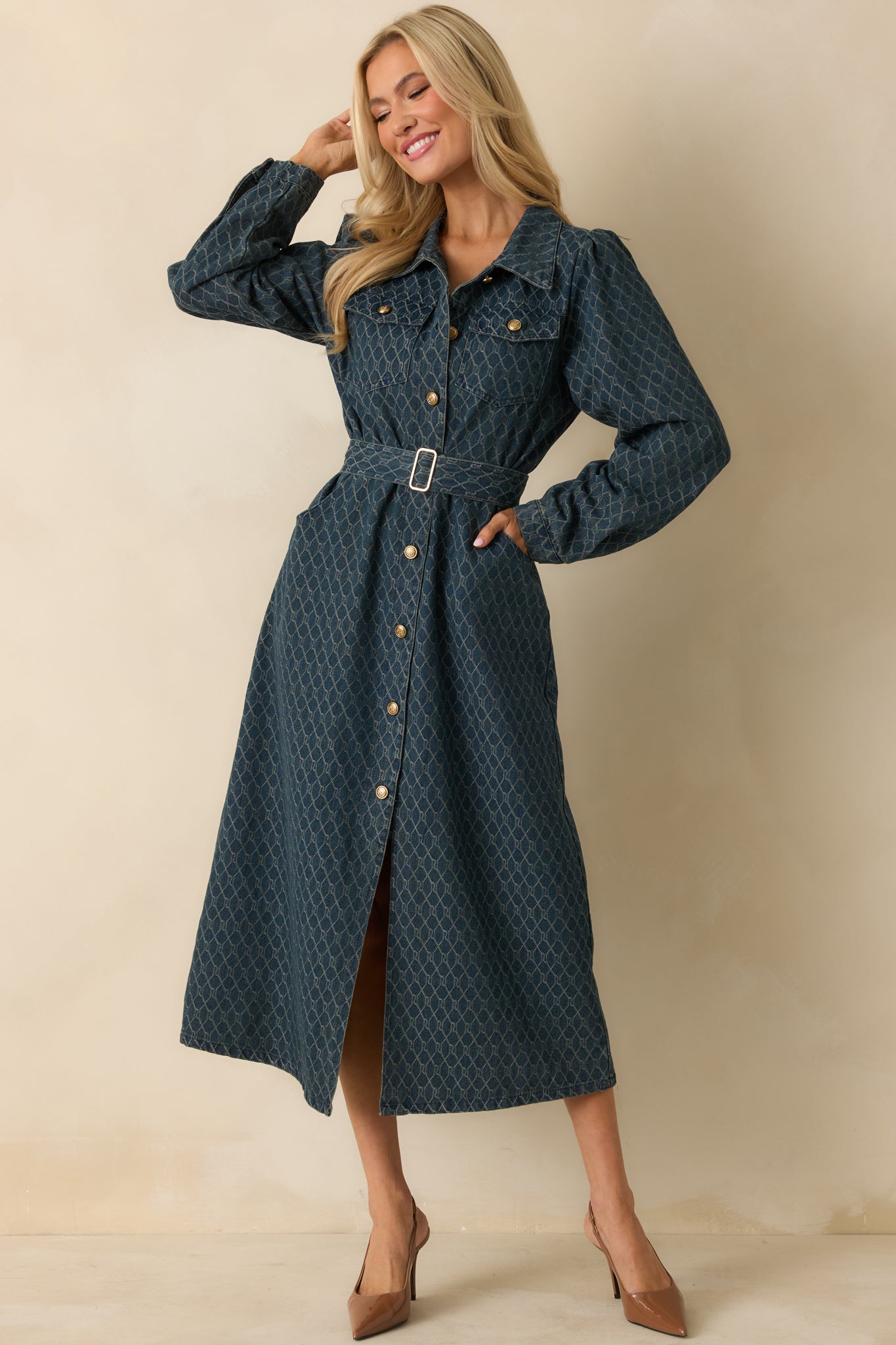 Blue cotton denim midi dress with a collared neckline and full button-front placket.