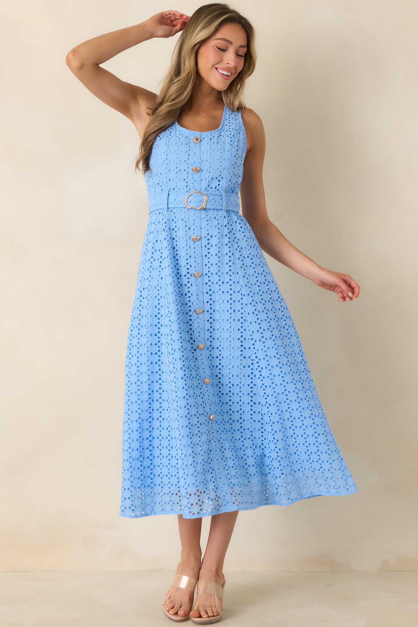 Blue cotton eyelet sleeveless midi dress with removable waist tie, faux button front, and lined skirt