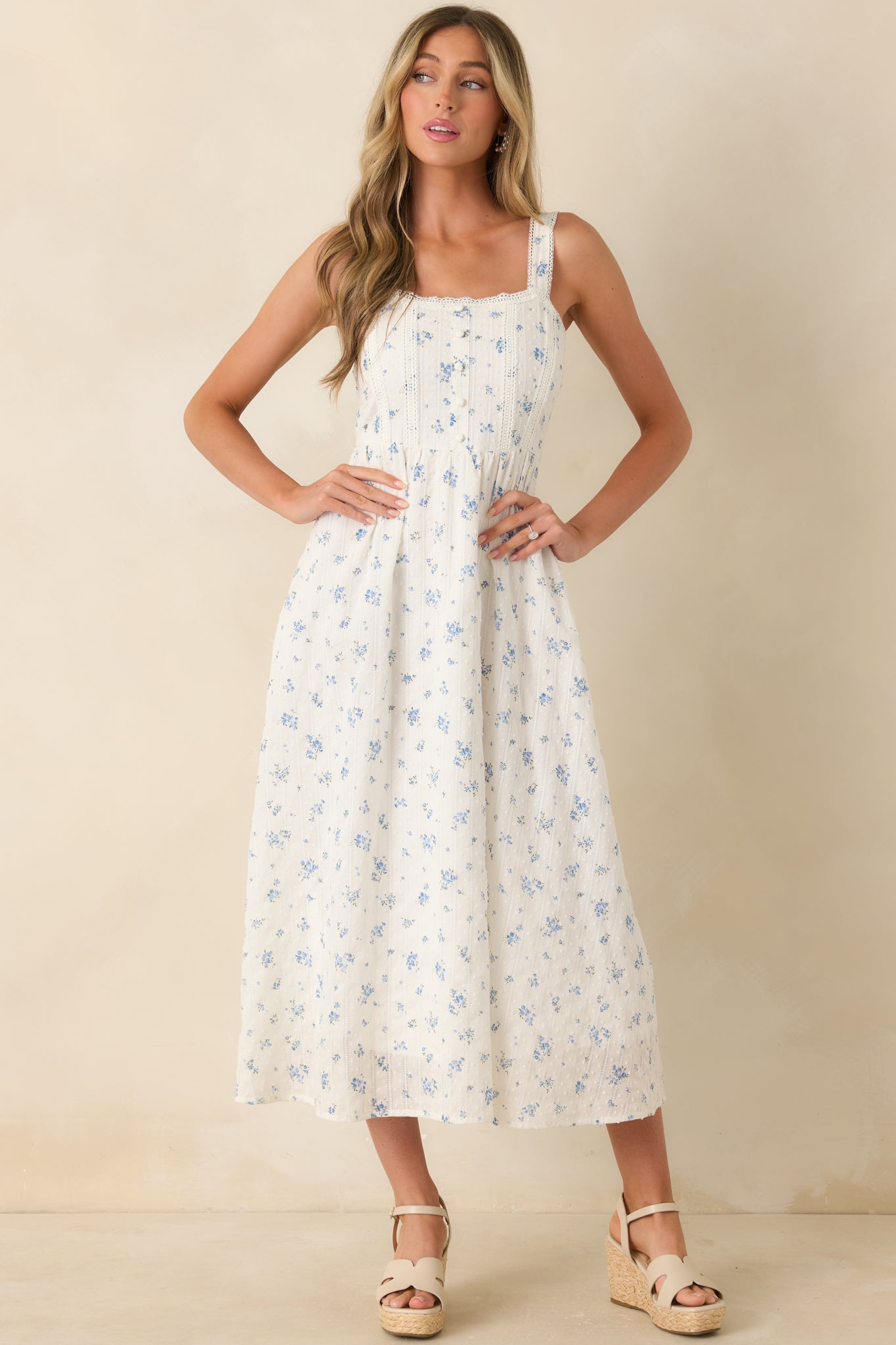 Women's Forget Me Not Blue Floral Cotton Swiss Dot Prairie Midi Dress | Size: L