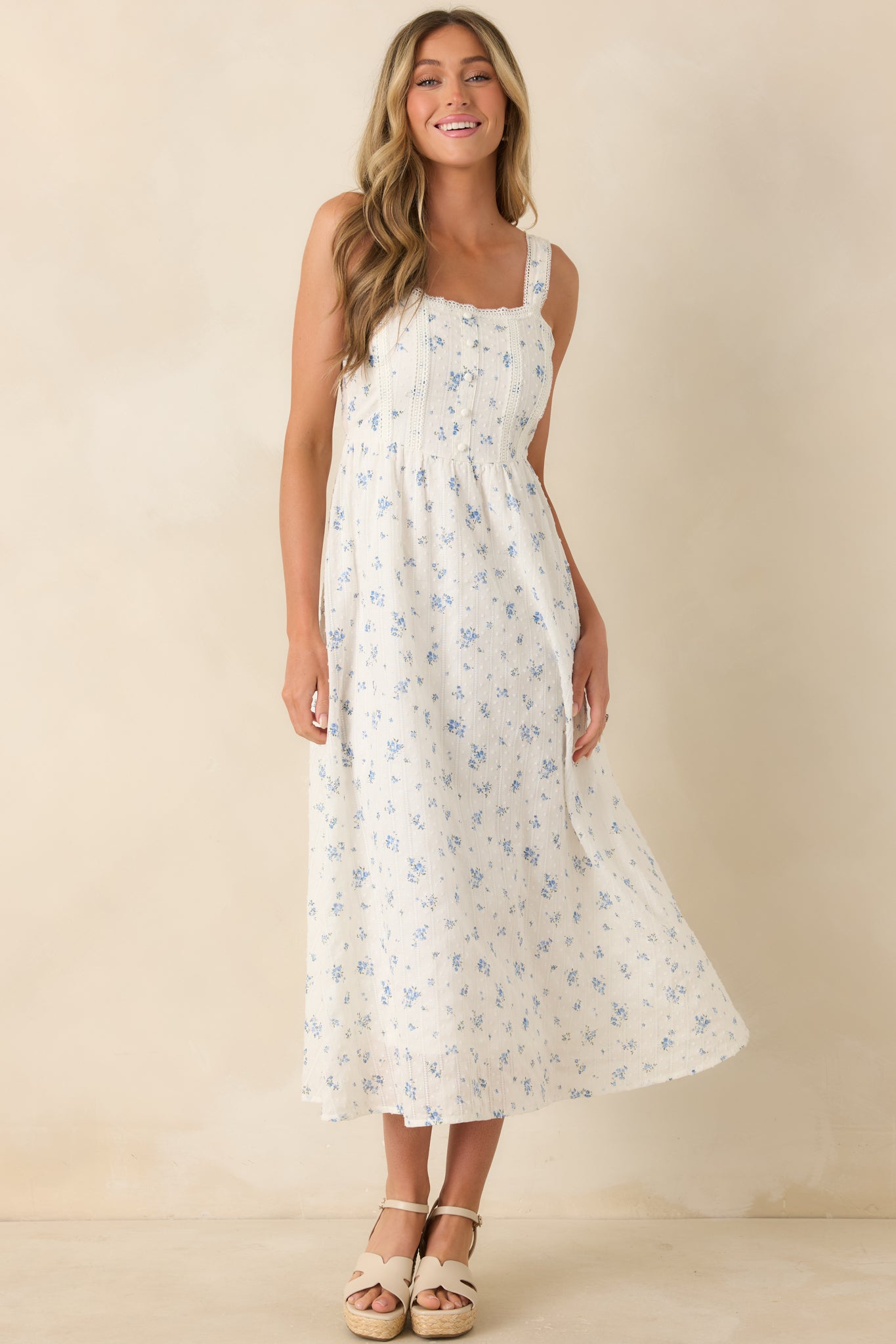Women's Forget Me Not Blue Floral Cotton Swiss Dot Prairie Midi Dress | Size: L