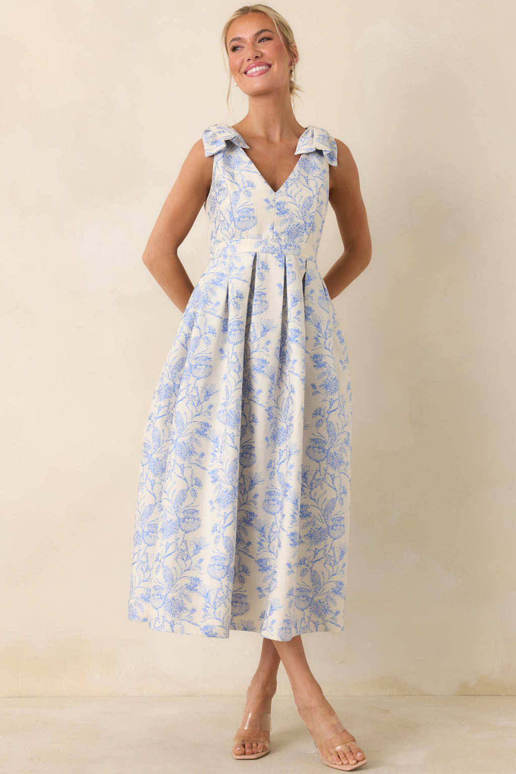 Red Dress | Blue Floral Bow Strap Midi Dress - All Dresses Red Dress | Blue Floral Bow Strap Midi Dress - All Dresses