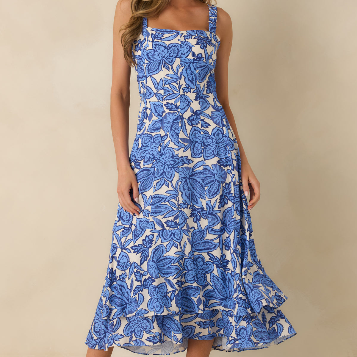 pastel blue floral print open back pleated midi dress Coming Back For You Light Blue Floral Tiered Midi Dress, Medium - The Mint Julep Boutique