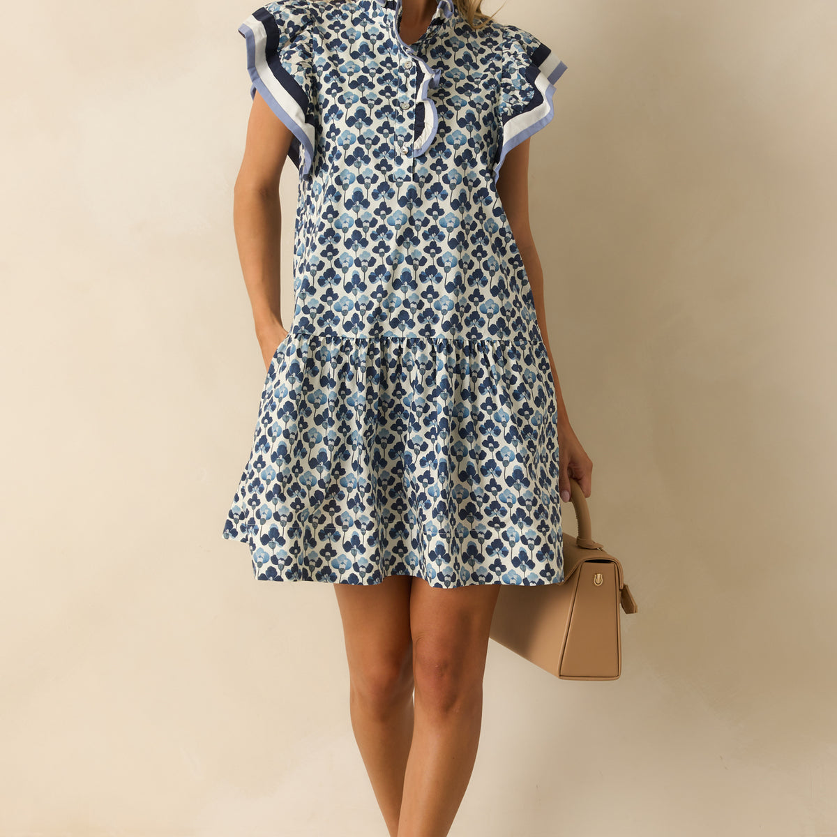 Blue Multi Floral Print Cotton Mini Dress - All Dresses