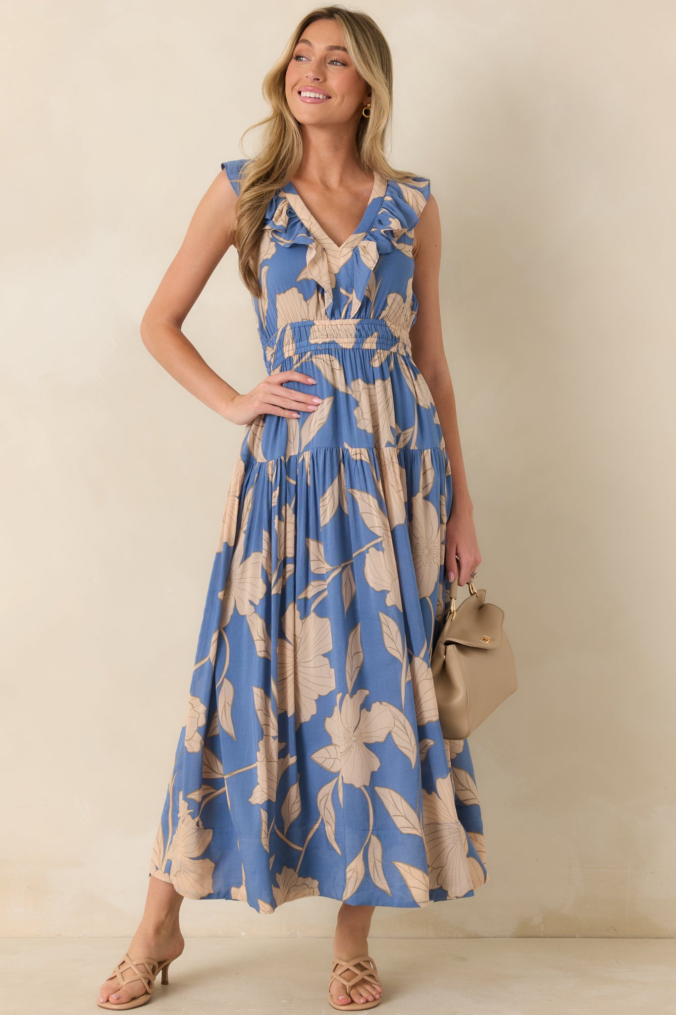 Blue floral maxi dress highlighting its smocked waistband, lightweight fabric, and flowing tiered skirt with vibrant floral accents.