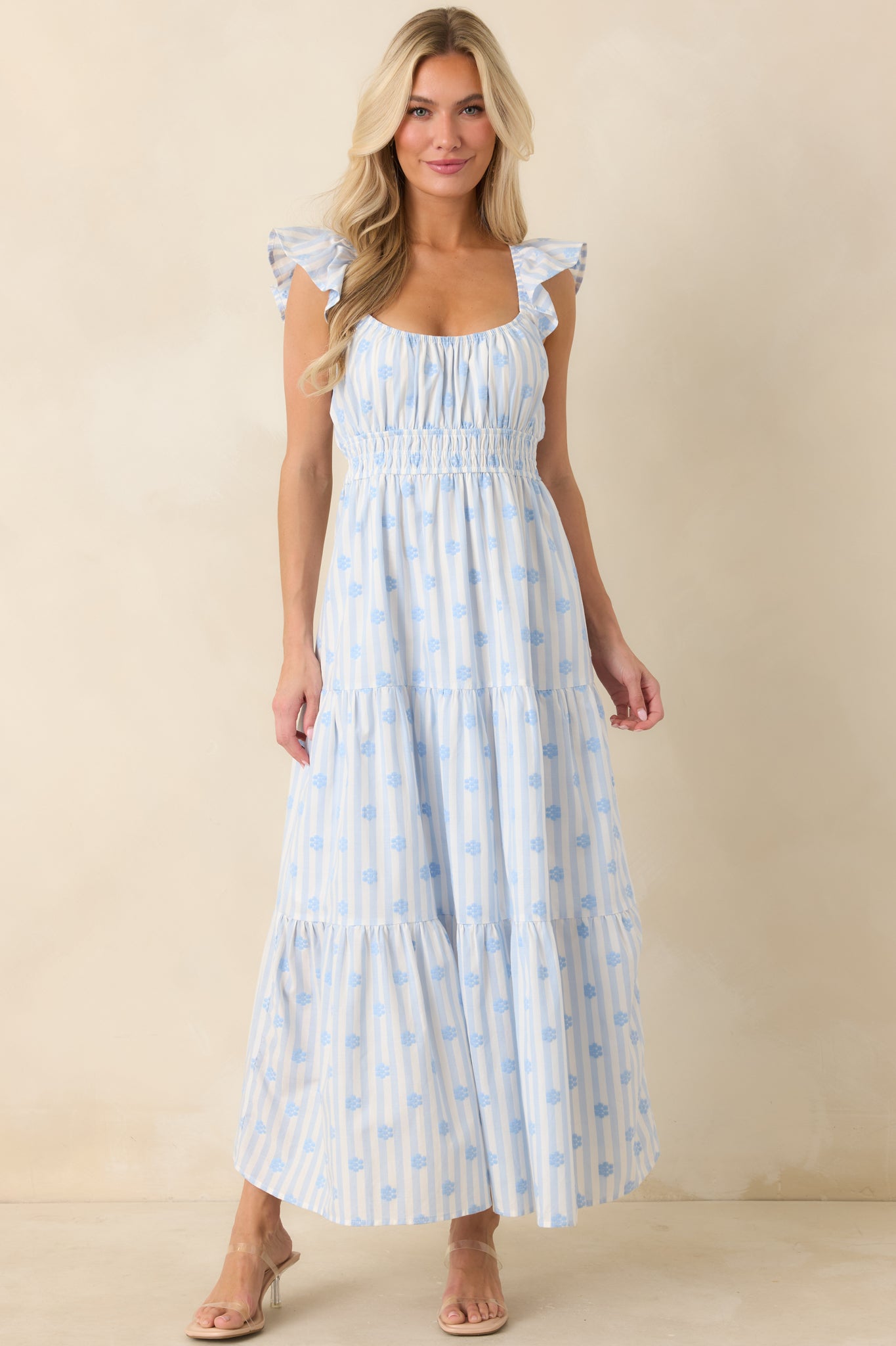 Women's Meadow Mornings Blue Stripe Floral Embroidered Cotton Maxi Dress | Color: Light Blue | Size: L