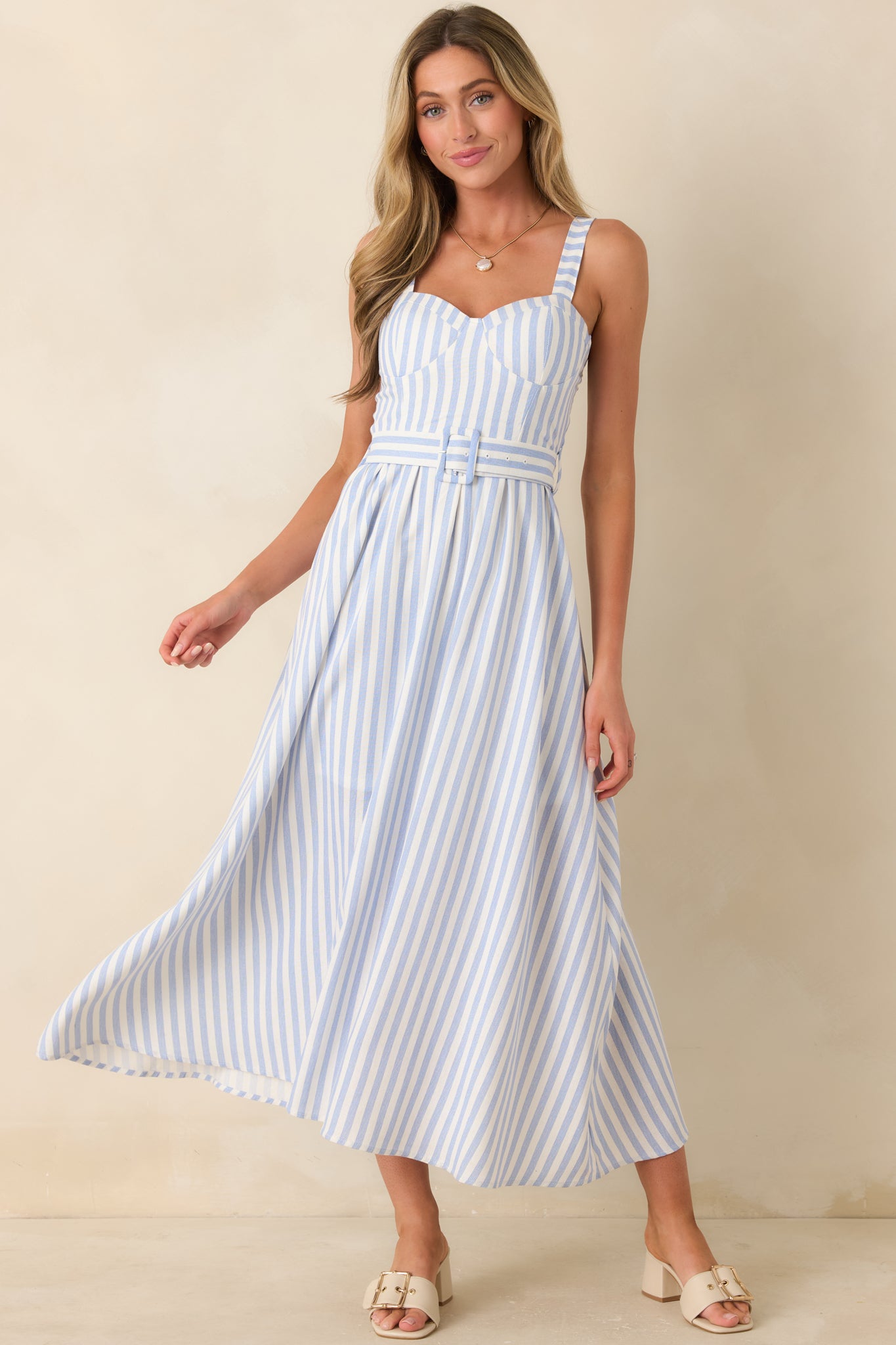 Women's Already Thinking About It Blue Stripe Belted Bustier Midi Dress | Size: L