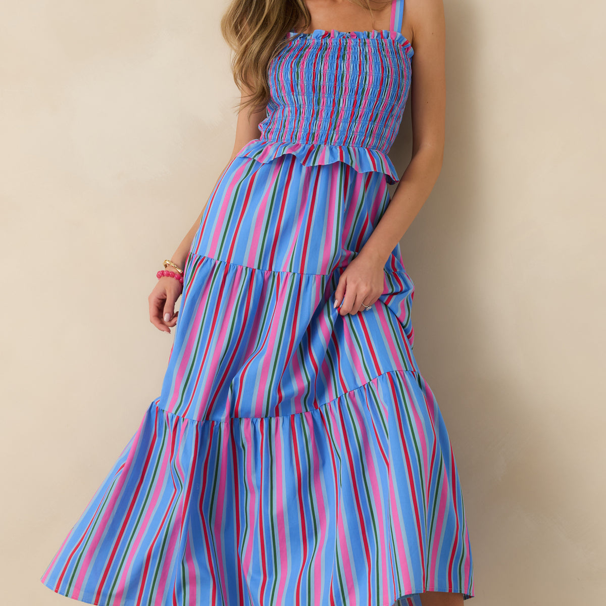 crop maxi dress Women's Sunny Side Up Blue Multi Stripe Cotton Smocked Tiered Maxi Dress | Size: Xl
