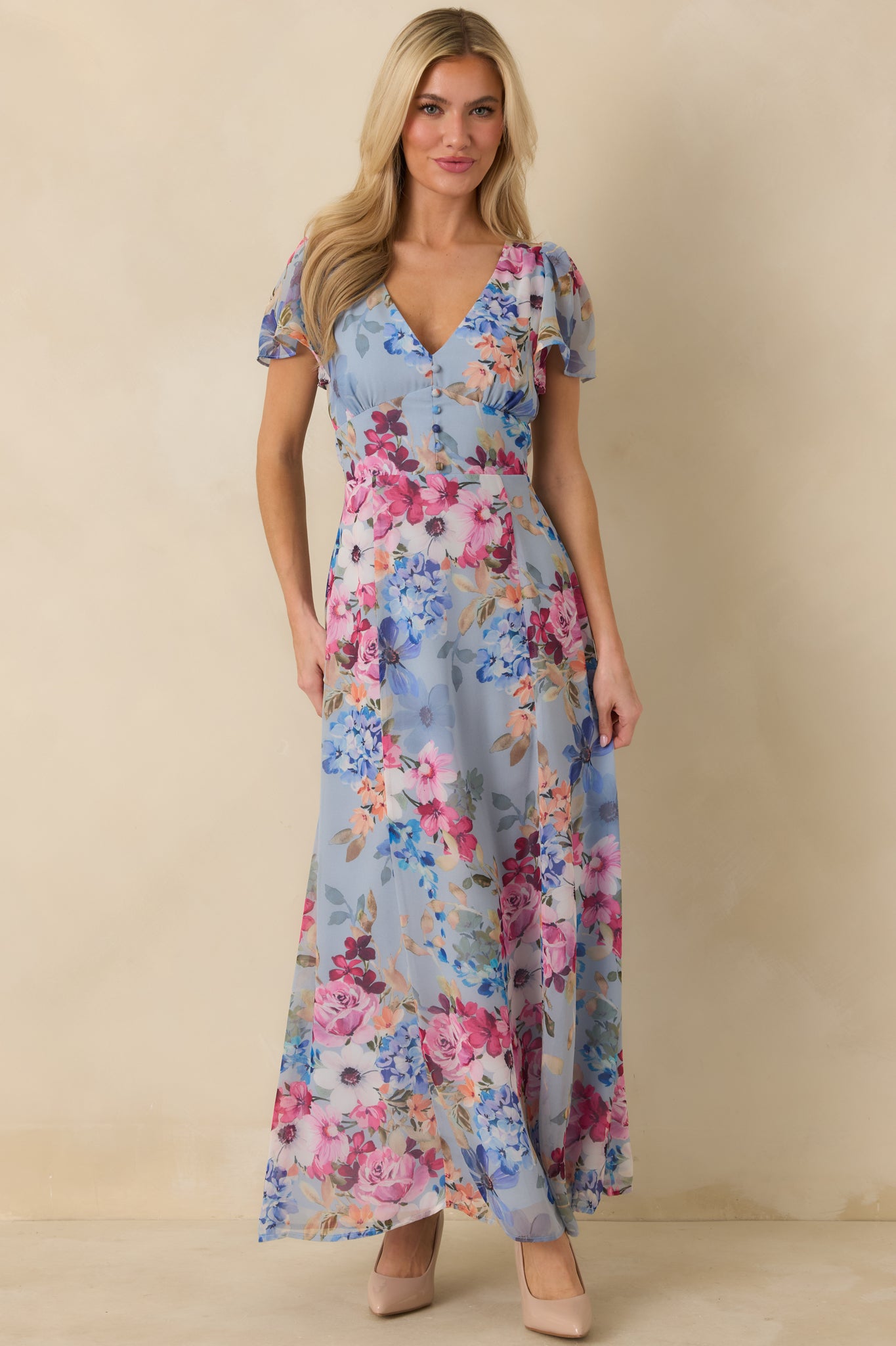 Women's Fate Finds a Way Blue Multi Floral V-Neck Flutter Sleeve Maxi Dress | Size: S | Red Dress Women's Fate Finds a Way Blue Multi Floral V-Neck Flutter Sleeve Maxi Dress | Size: S | Red Dress