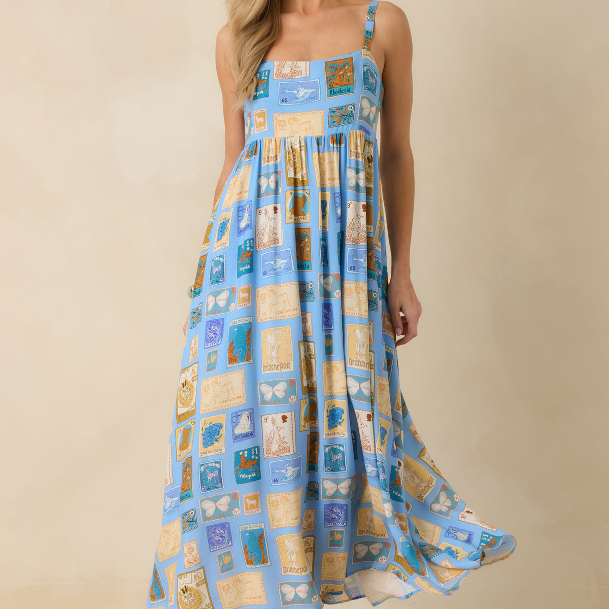 blue and yellow midi dress Women's From Far & Away Blue Multi Vintage Stamp Print Midi Dress | Size: L