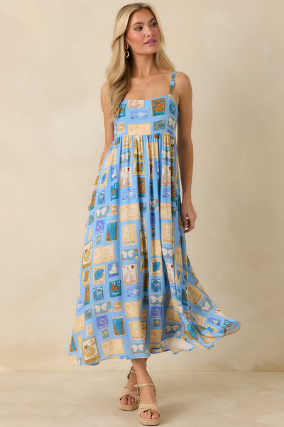 Women's From Far & Away Blue Multi Vintage Stamp Print Midi Dress | Size: S