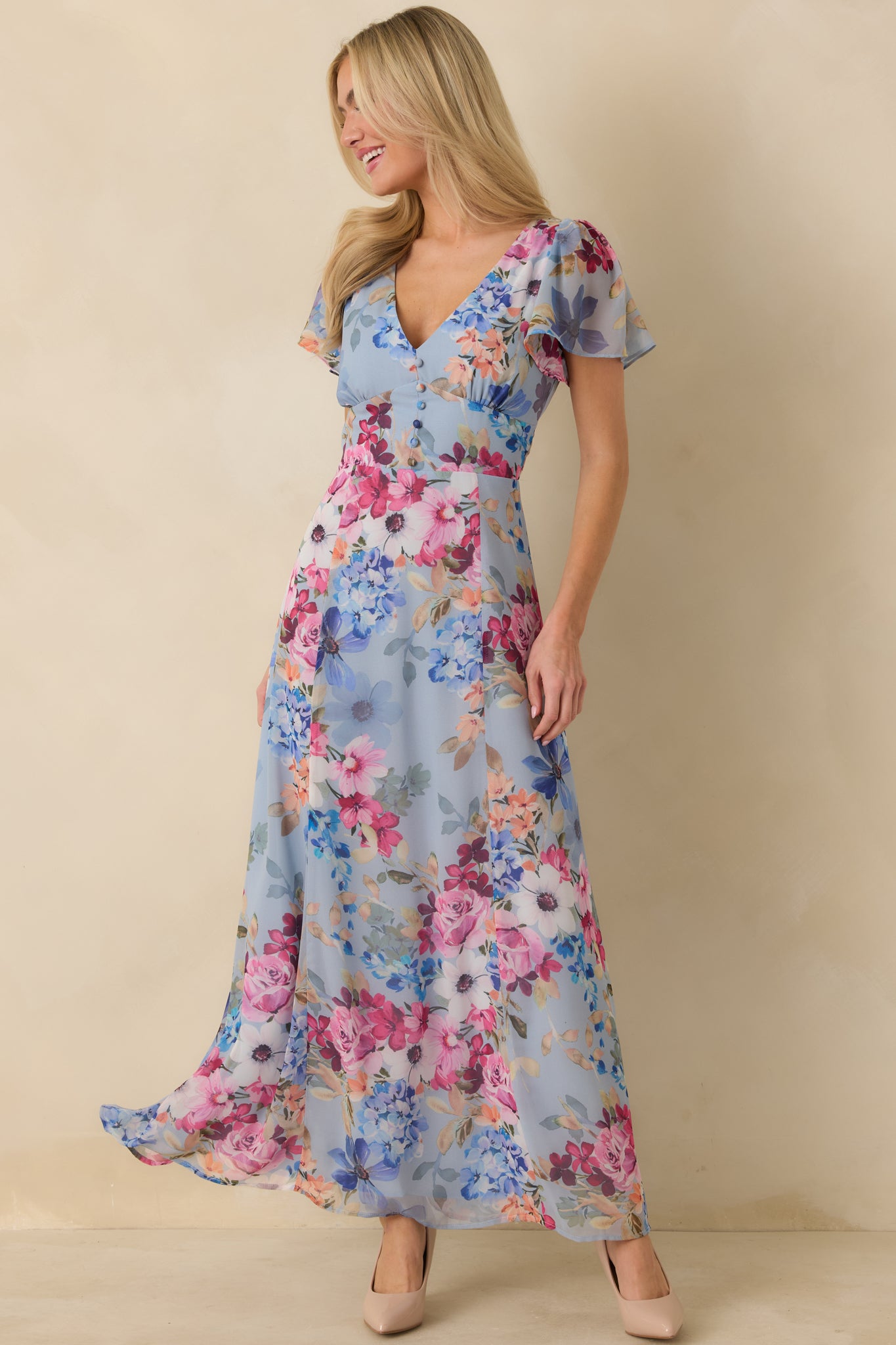 Fate Finds a Way Blue Multi Floral V-Neck Flutter Sleeve Maxi Dress Fate Finds a Way Blue Multi Floral V-Neck Flutter Sleeve Maxi Dress