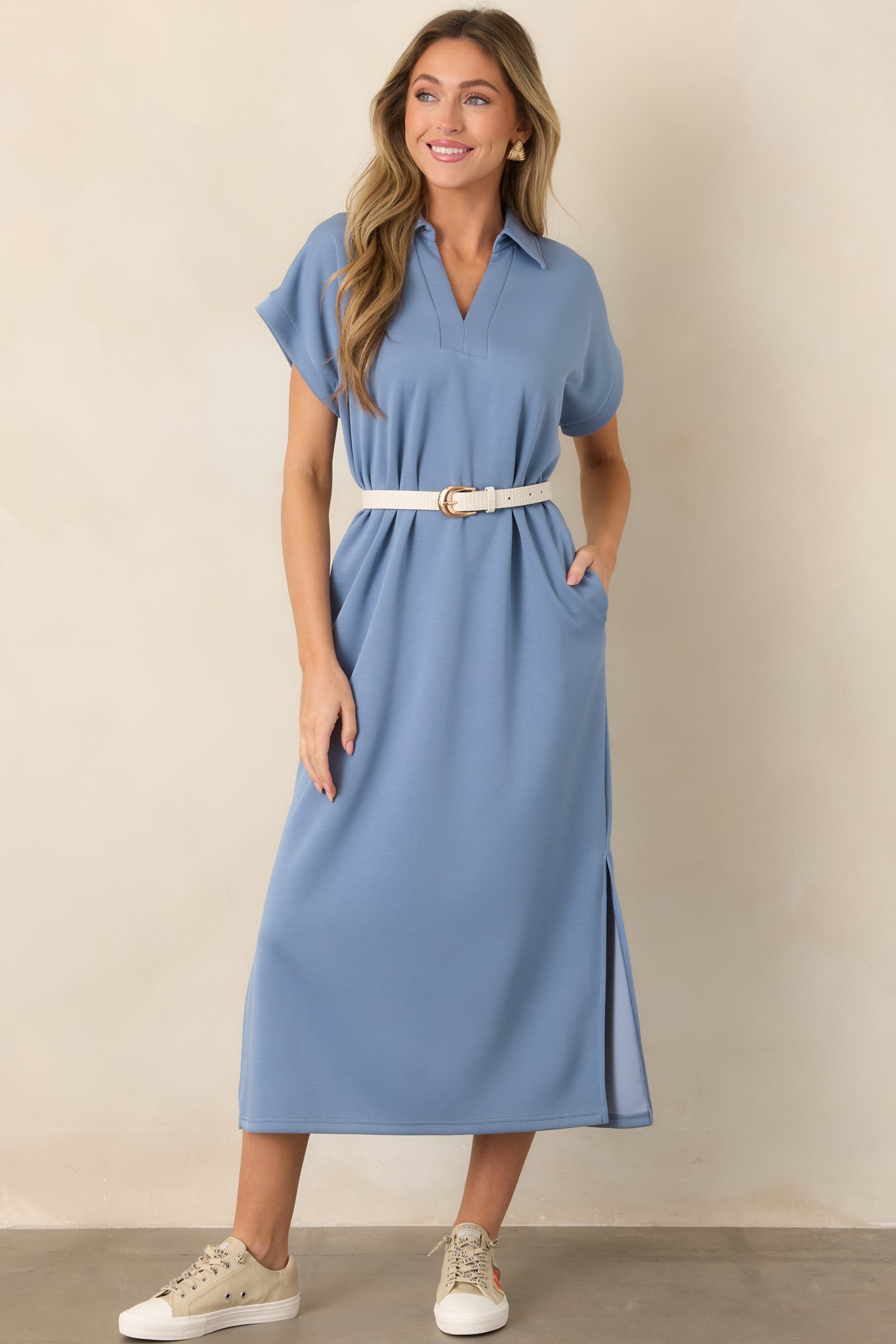 collared blue dress Women's Made The Right Call Chambray Midi T-Shirt | Size: L garment bag option Polina Ivanova Atelier | Made in California atelier Color:Caramel/Crystal