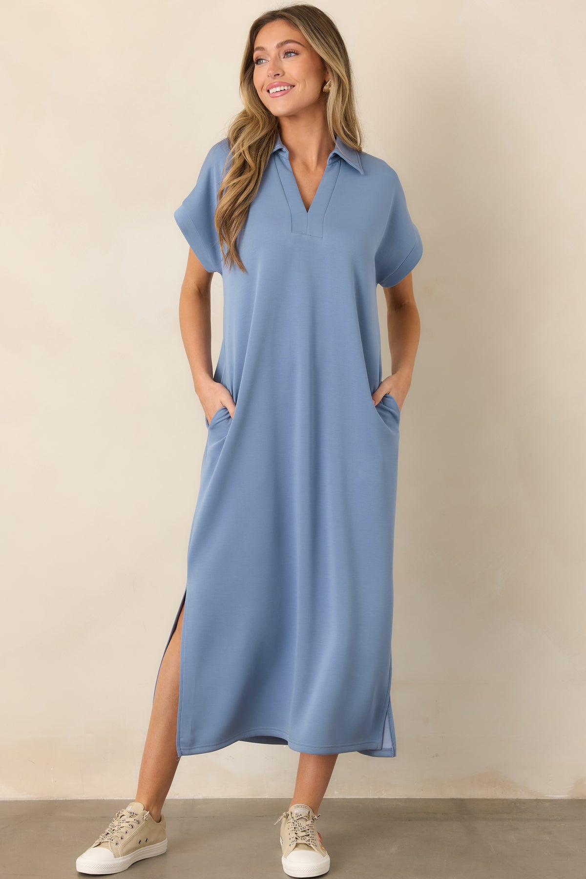 t shirt dress light blue Made The Right Call Chambray Collared Midi T-Shirt Nail polish color to Girl21 Sleeve Easy to throw on US Size:customize
