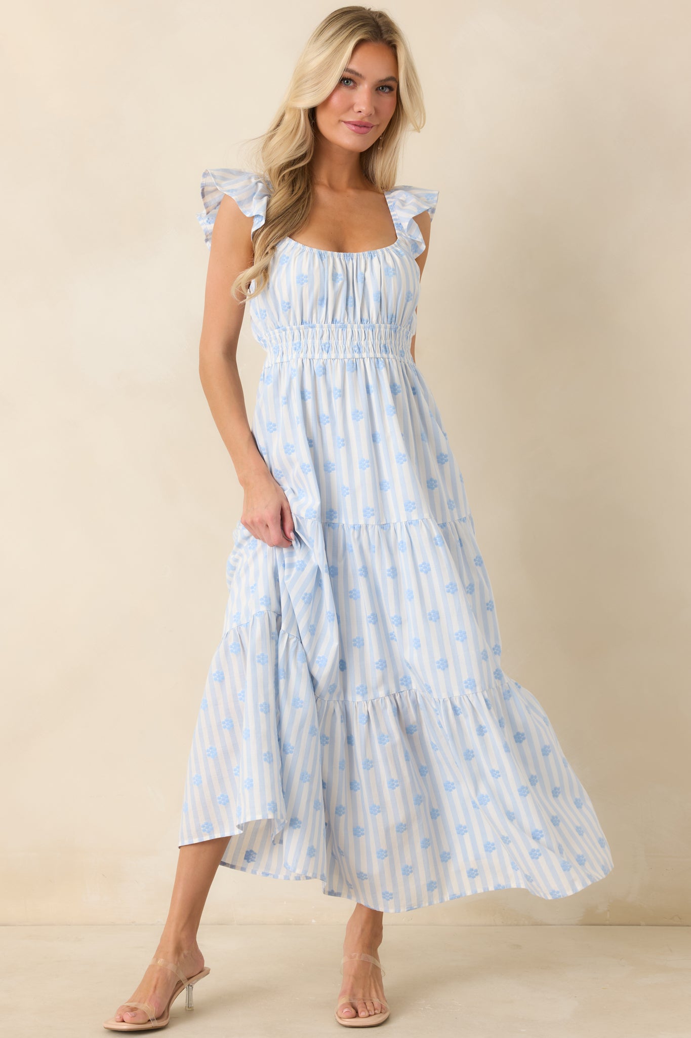 Women's Meadow Mornings Blue Stripe Floral Embroidered Cotton Maxi Dress | Color: Light Blue | Size: L