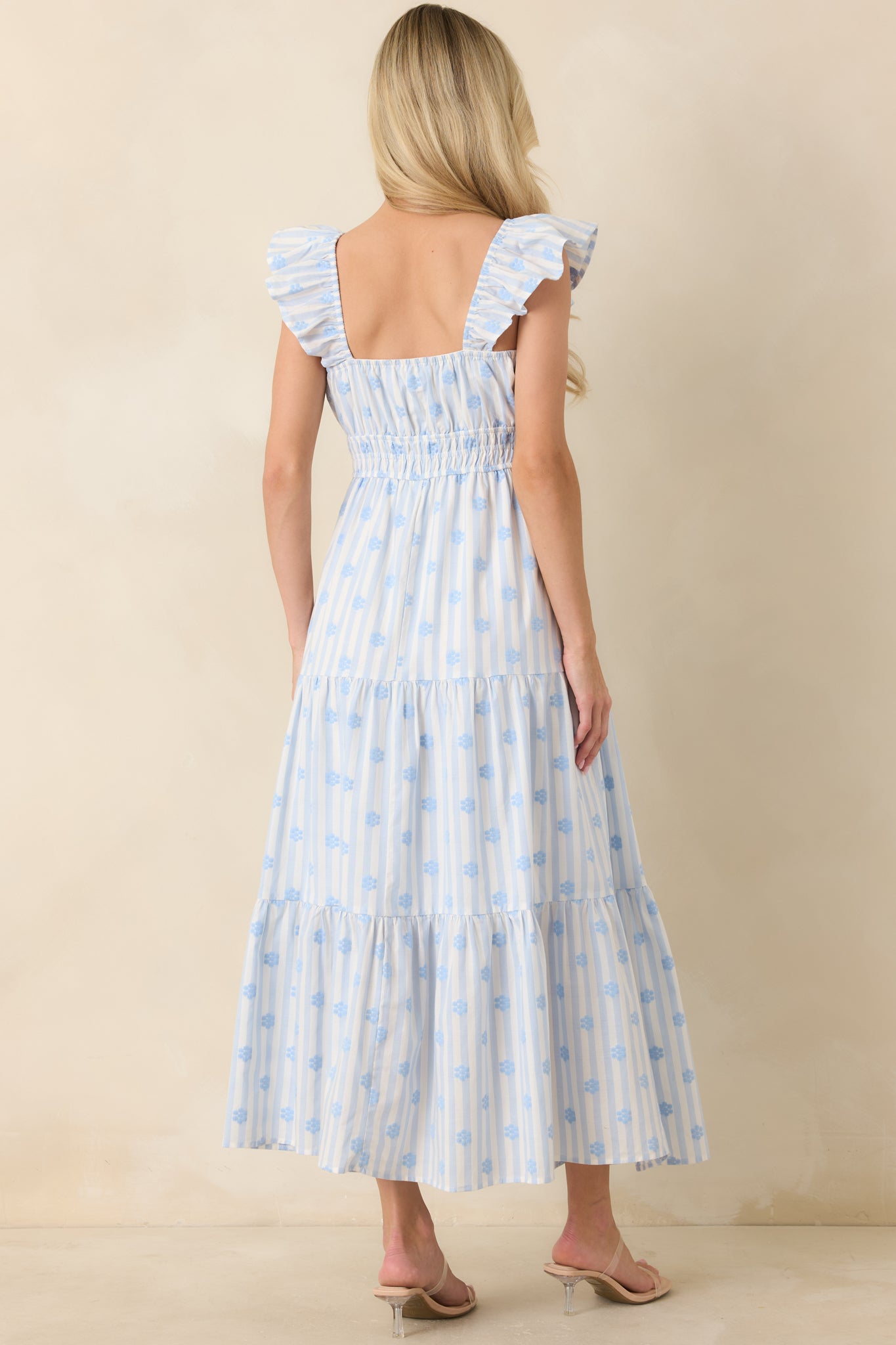 Women's Meadow Mornings Blue Stripe Floral Embroidered Cotton Maxi Dress | Color: Light Blue | Size: L