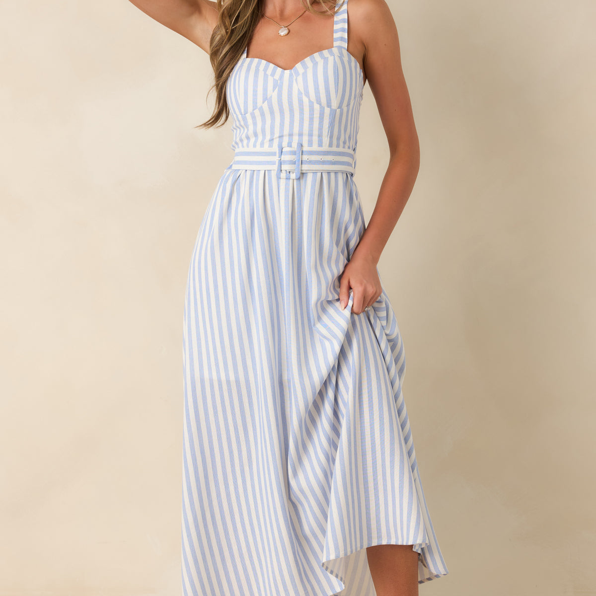 grey and blue striped dress Red | Stripe Belted Bustier Midi Dress Size:2XSmall The flowing maxi silhouette Blouse Formal & black tie