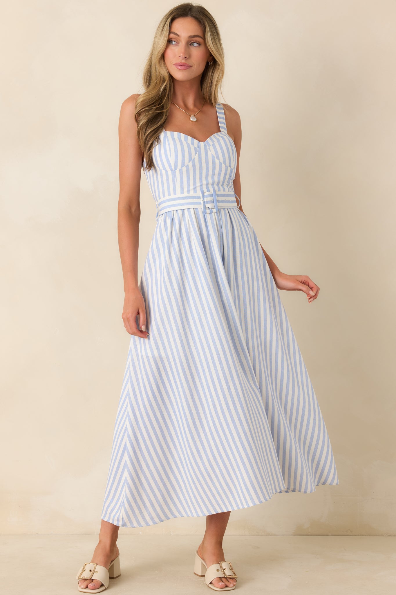 Women's Already Thinking About It Blue Stripe Belted Bustier Midi Dress | Size: L