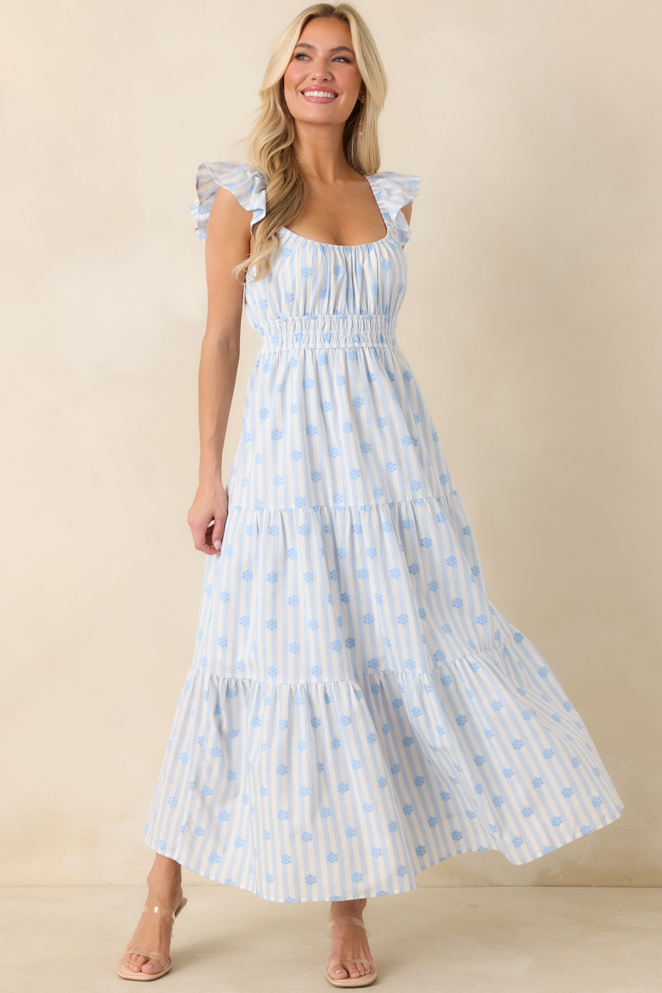 Women's Meadow Mornings Blue Stripe Floral Embroidered Cotton Maxi Dress | Color: Light Blue | Size: L