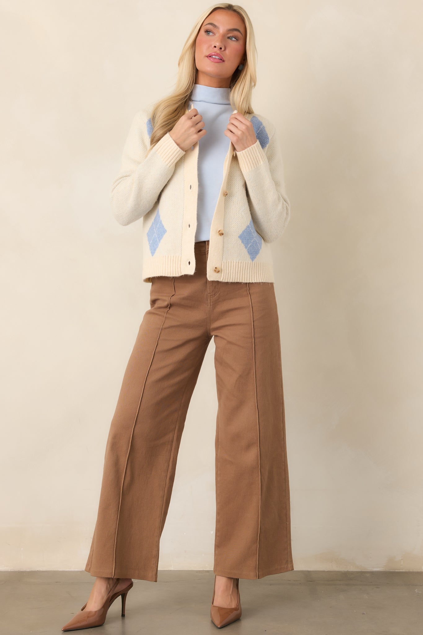 Classic argyle cardigan showcasing a round neckline, contrasting blue and taupe diamond motifs, and a softly structured button-front design.