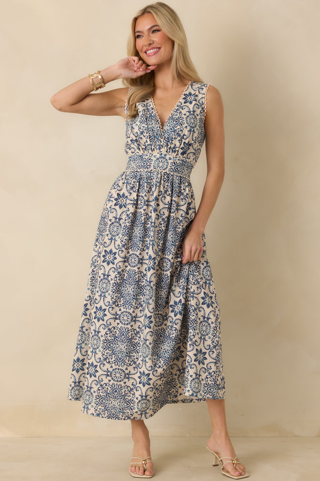 A Lovely Escape Blue Tile Print Linen Blend Sleeveless Maxi Dress A Lovely Escape Blue Tile Print Linen Blend Sleeveless Maxi Dress