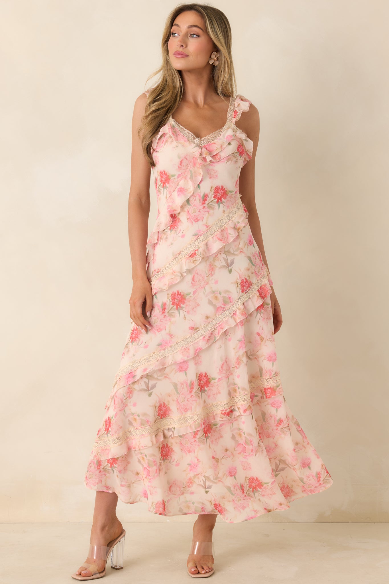 strapless open back dress Red Dress | Coral Pink Floral Ruffle Trim Midi Dress