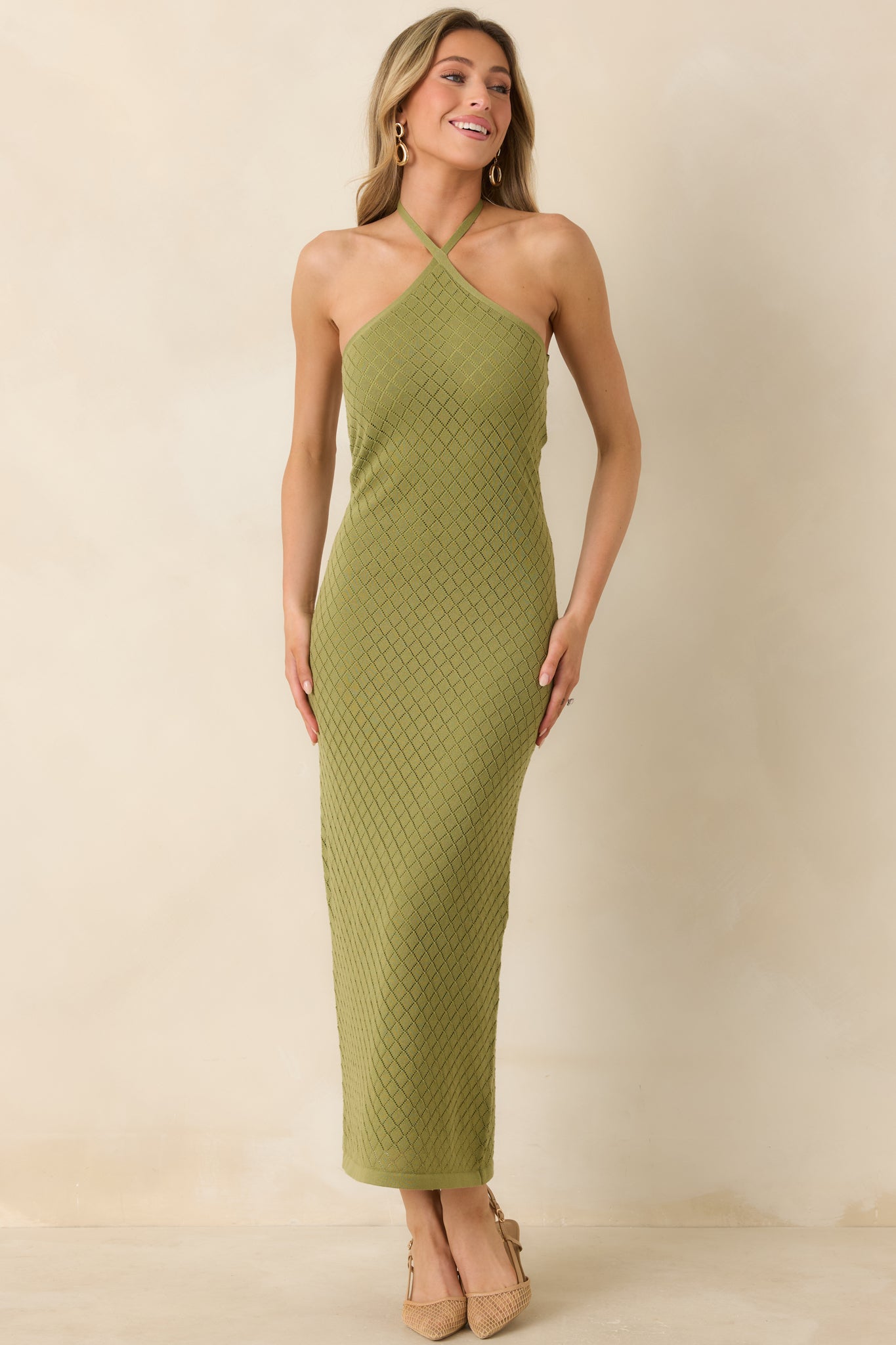 Red Dress | Olive Green Textured Knit Halter Midi Dress - All Dresses Red Dress | Olive Green Textured Knit Halter Midi Dress - All Dresses