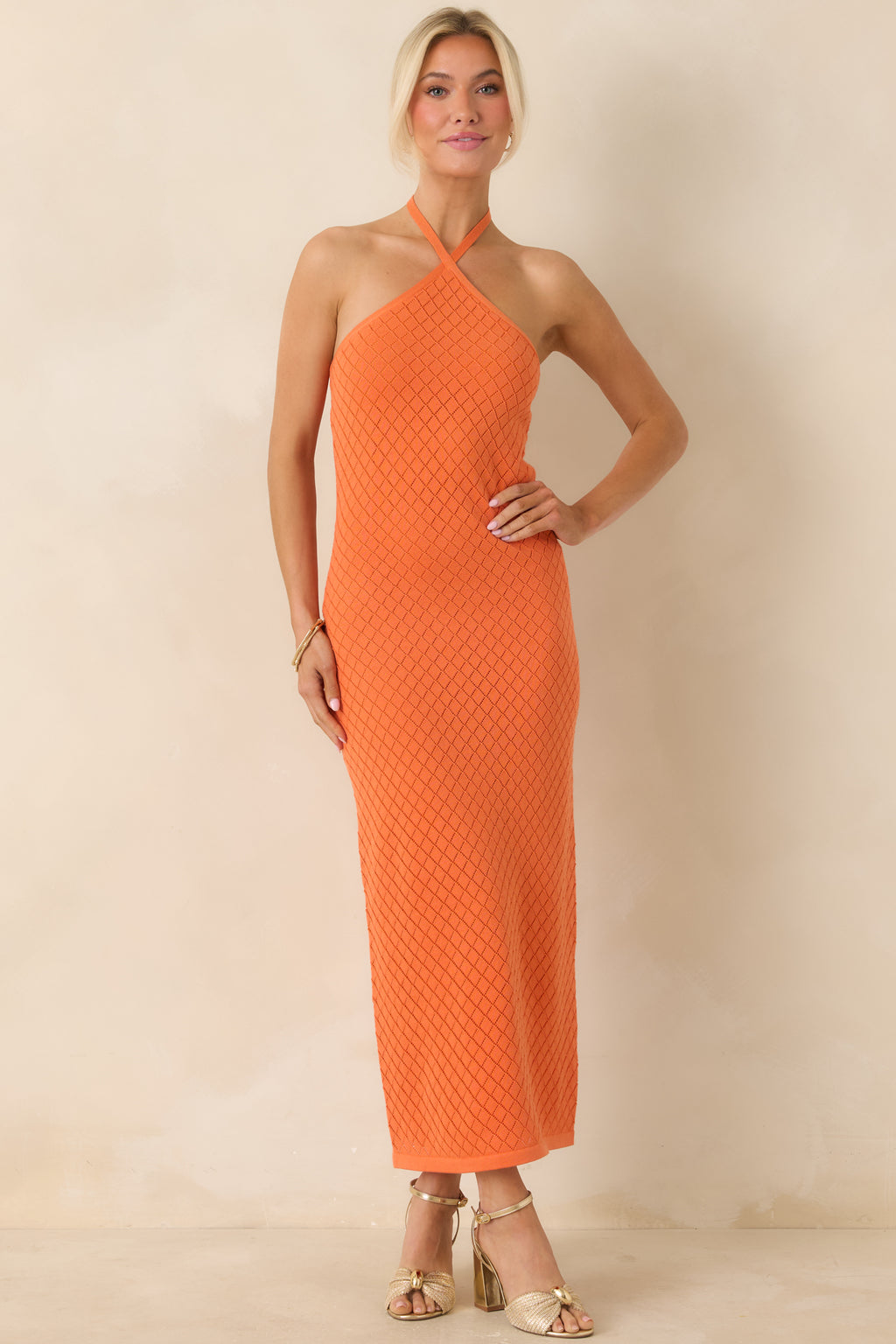 Red Dress | Orange Textured Knit Halter Midi Dress