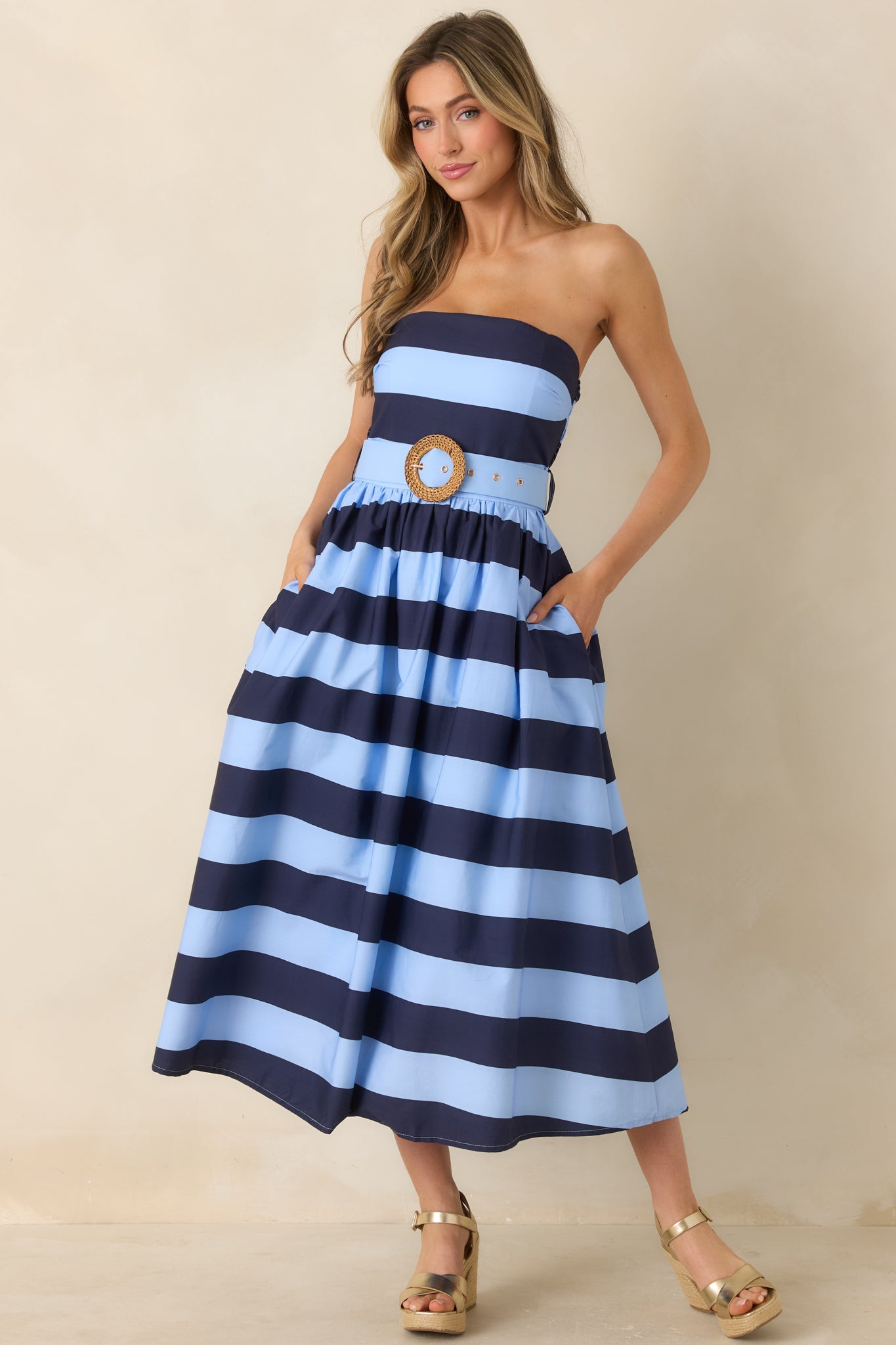 Red Dress | Navy & Light Blue Stripe Strapless Midi Dress - All Dresses Red Dress | Navy & Light Blue Stripe Strapless Midi Dress - All Dresses