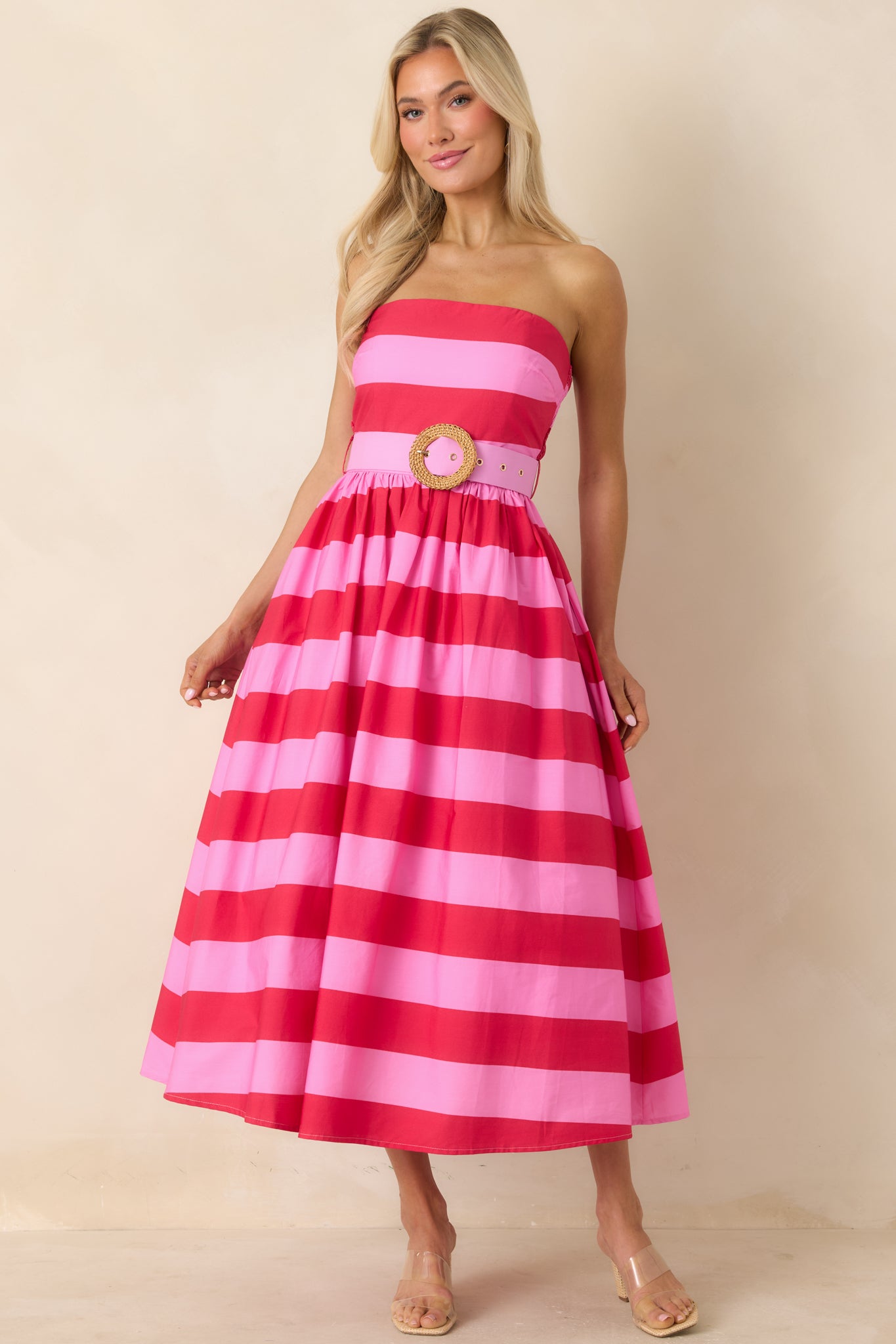 Women's The Amanda Pink & Red Stripe Cotton Strapless Midi Dress | Size: L | Red Dress Women's The Amanda Pink & Red Stripe Cotton Strapless Midi Dress | Size: L | Red Dress