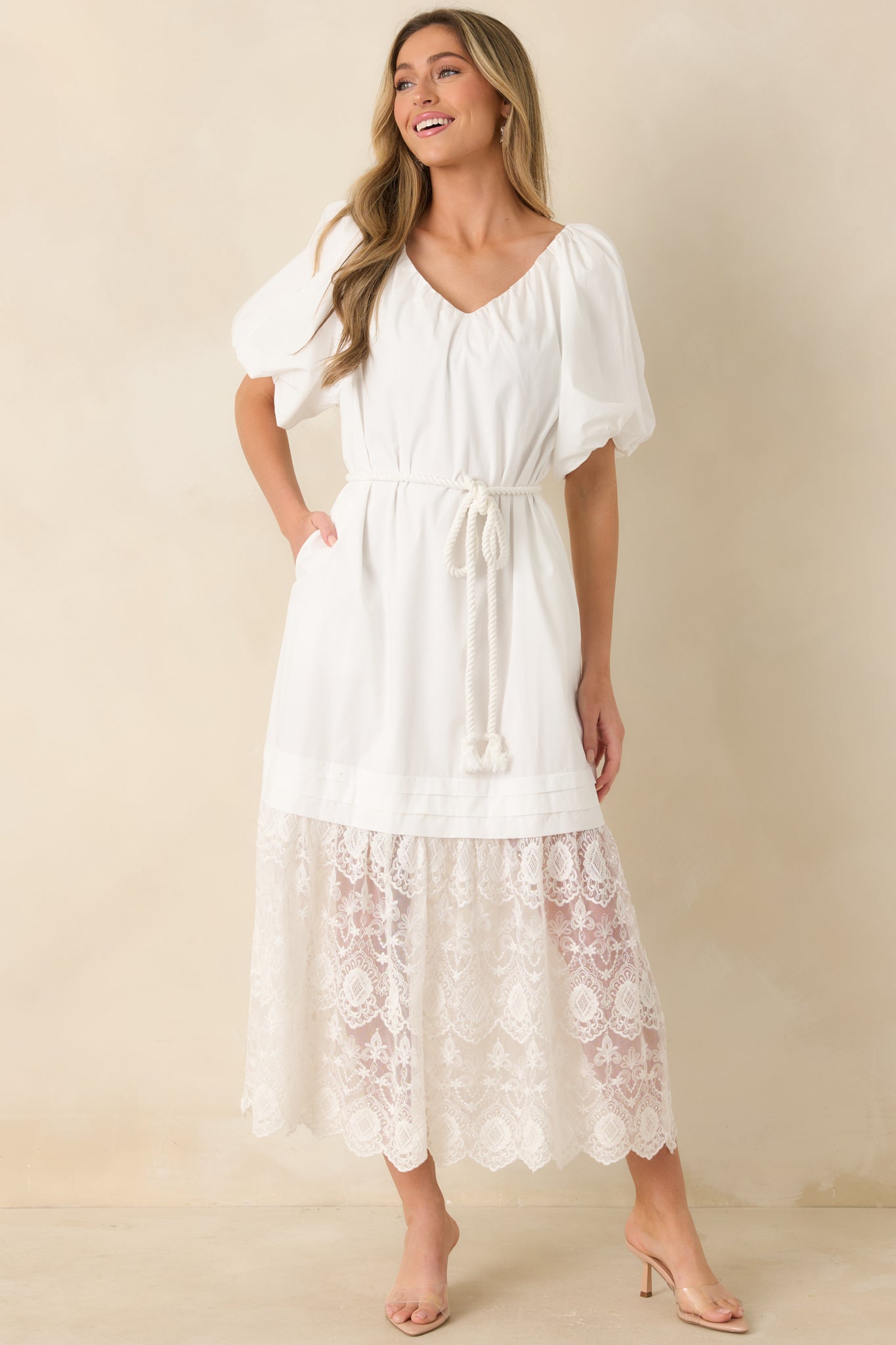 Women's Je T'aime Toujours White Cotton & Gathered Lace Maxi Dress | Size: S