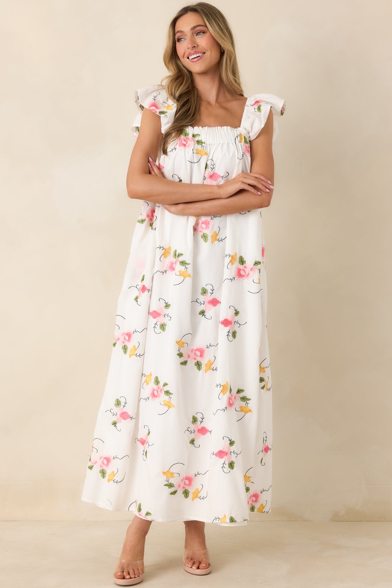 Red Dress | White Multi Floral Embroidered Maxi Dress - All Dresses Red Dress | White Multi Floral Embroidered Maxi Dress - All Dresses