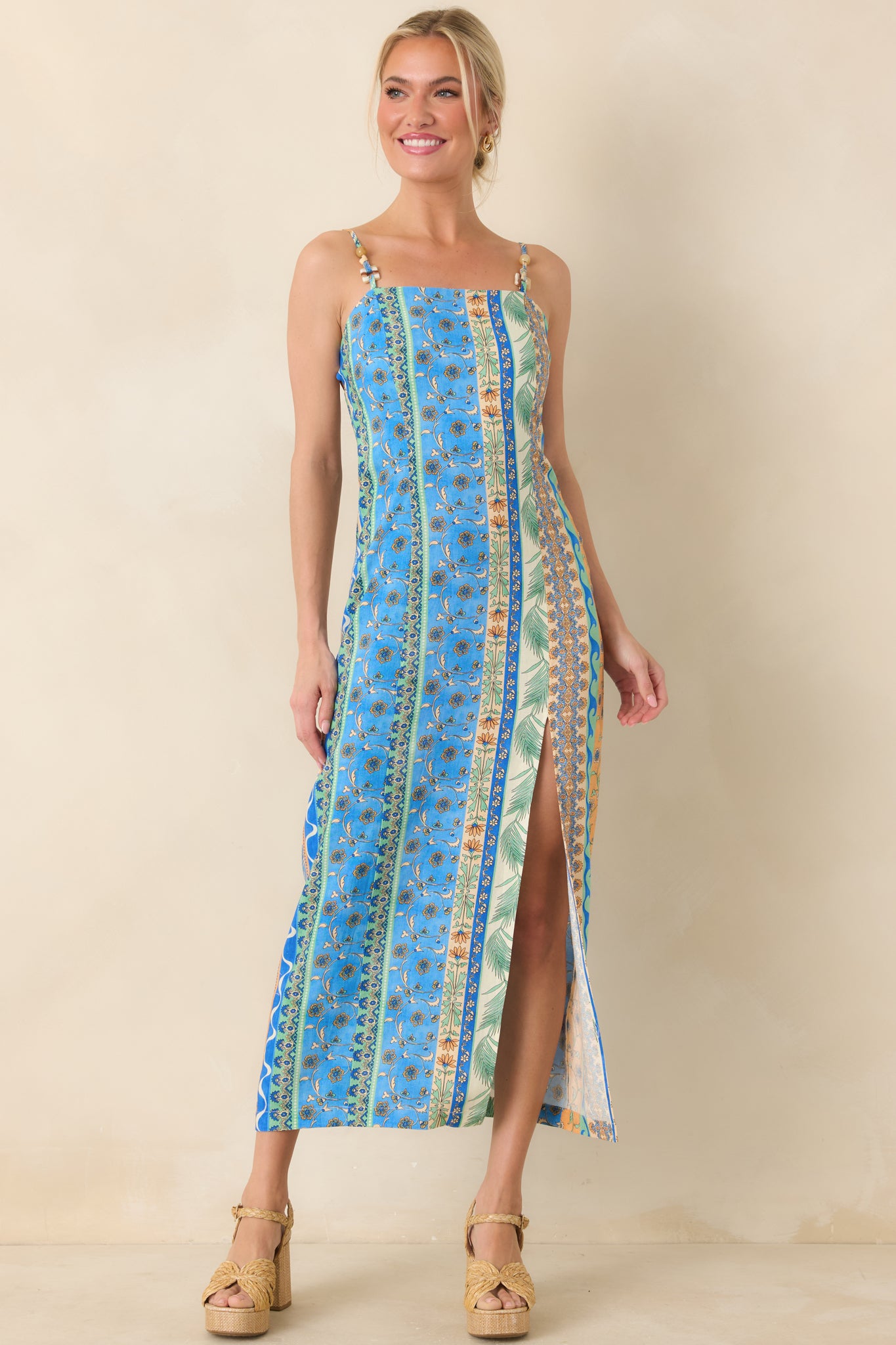 Red Dress | Blue Multi Tropical Print Midi Dress