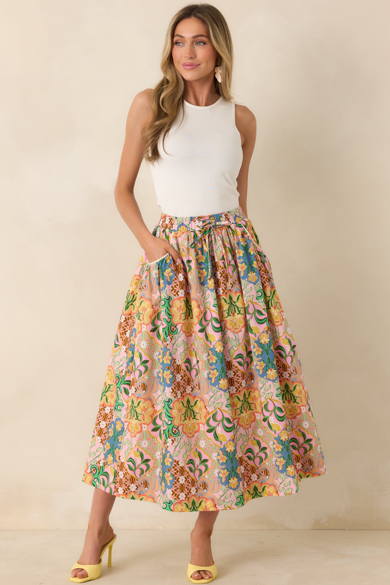 Red Dress | Pink Multi Floral Cotton Tie-Front Midi Skirt - All