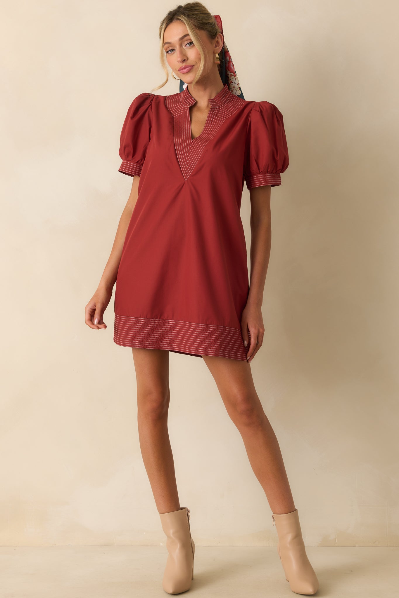 Took The Right Turn Brick Red Cotton Puff Sleeve Mini Dress Took The Right Turn Brick Red Cotton Puff Sleeve Mini Dress