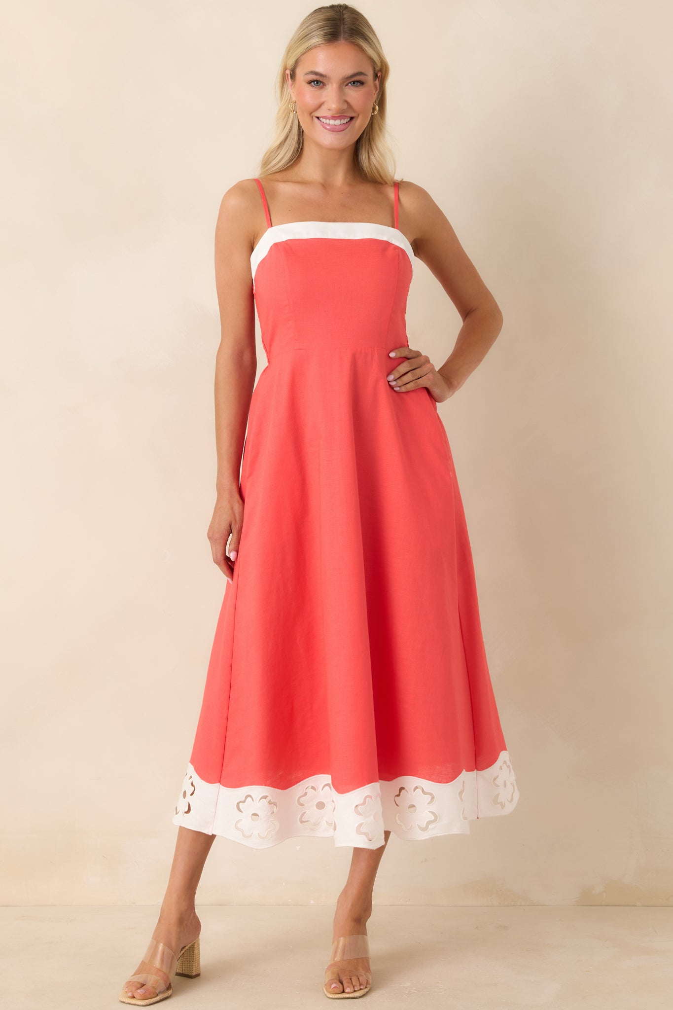 knee length dresses for ladies Cut Out for It Poppy Red & Ivory Cotton Linen Floral Cutout Midi Dress