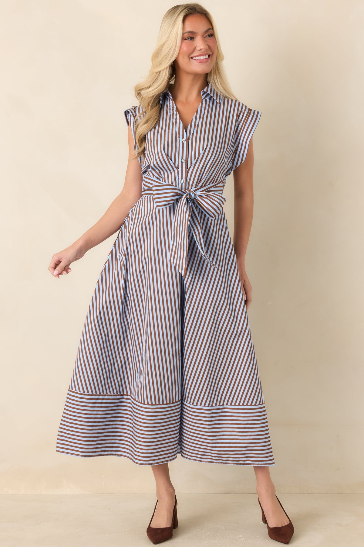 Striped cotton midi dress featuring a partial button-front placket, tailored collar, and attached side ties.