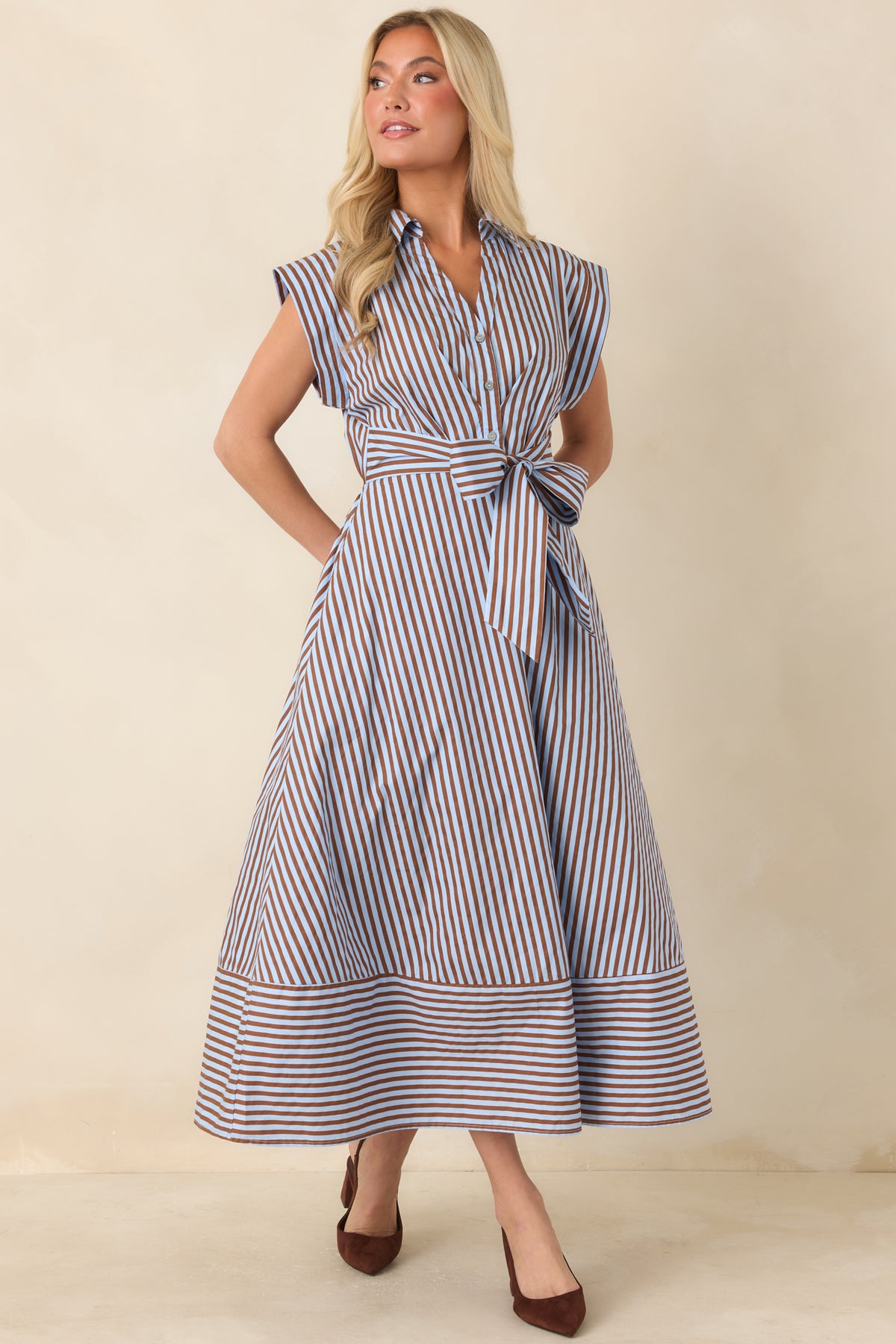 Collared striped midi dress with an adjustable side-tie bow and a softly defined waist.