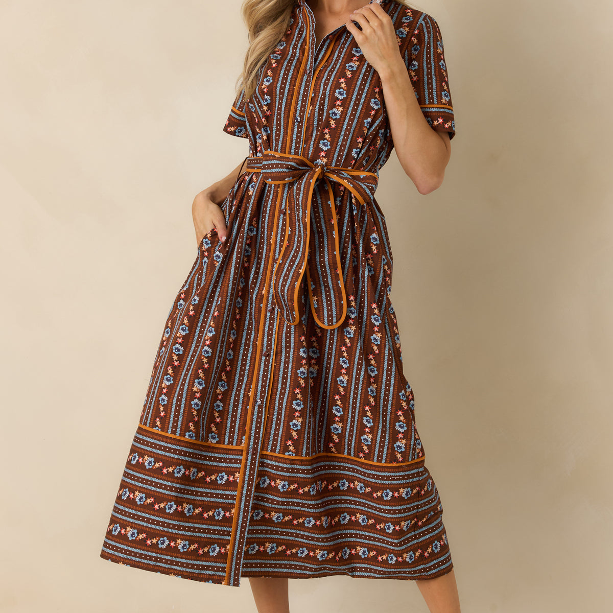 brown stripe midi dress Whitaker Multi Floral Cotton Color:Nude/ Multi 100% Polyester Lining collection:long dresses Lulah Soft Cowl Neck