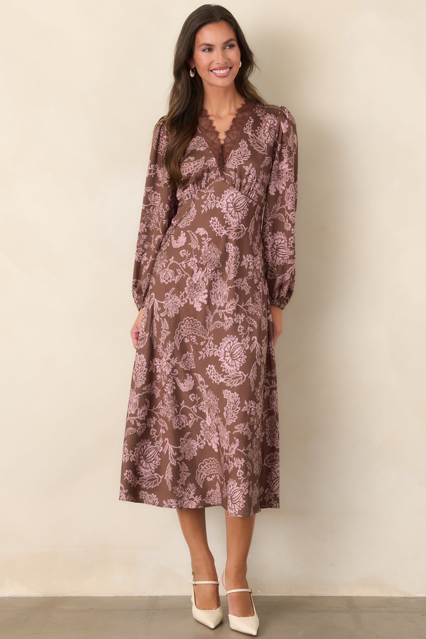 The Thought of You Mocha & Pink Floral Midi Dress | Red Dress