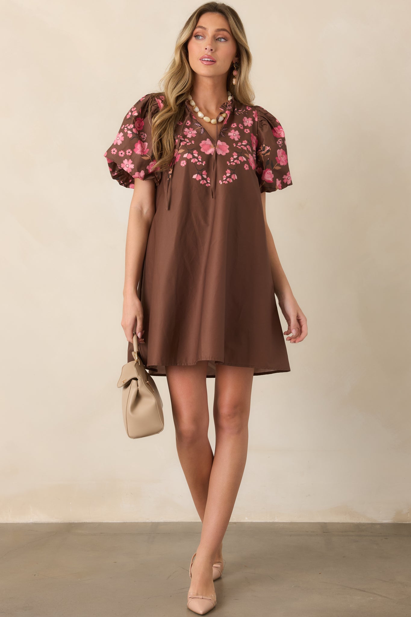 Pretty Particular Brown & Pink Floral Cotton Mini Dress