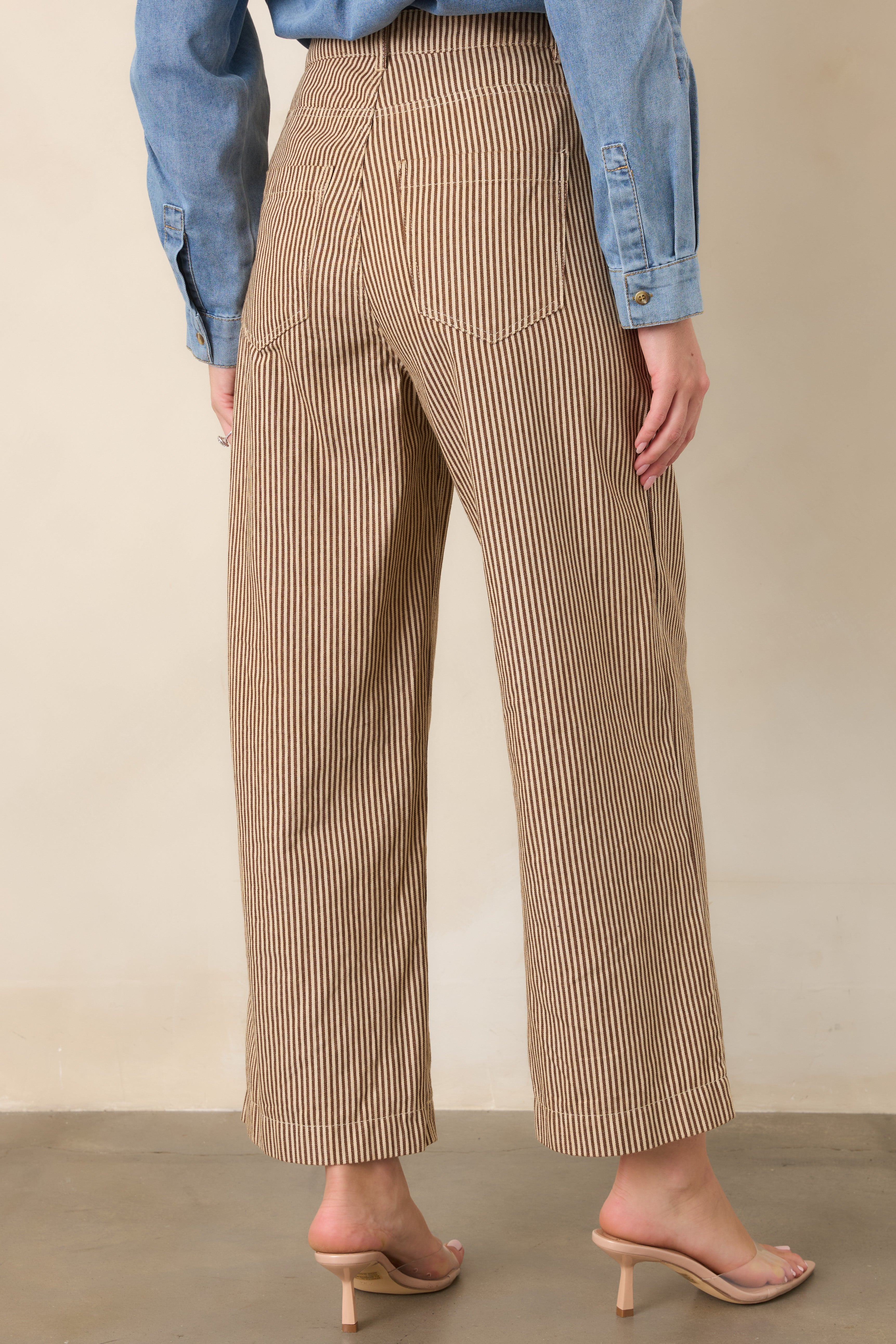 Rear view of the brown and ivory striped pants showing the high-rise waistband, back patch pockets, wide-leg silhouette, and cropped hem.