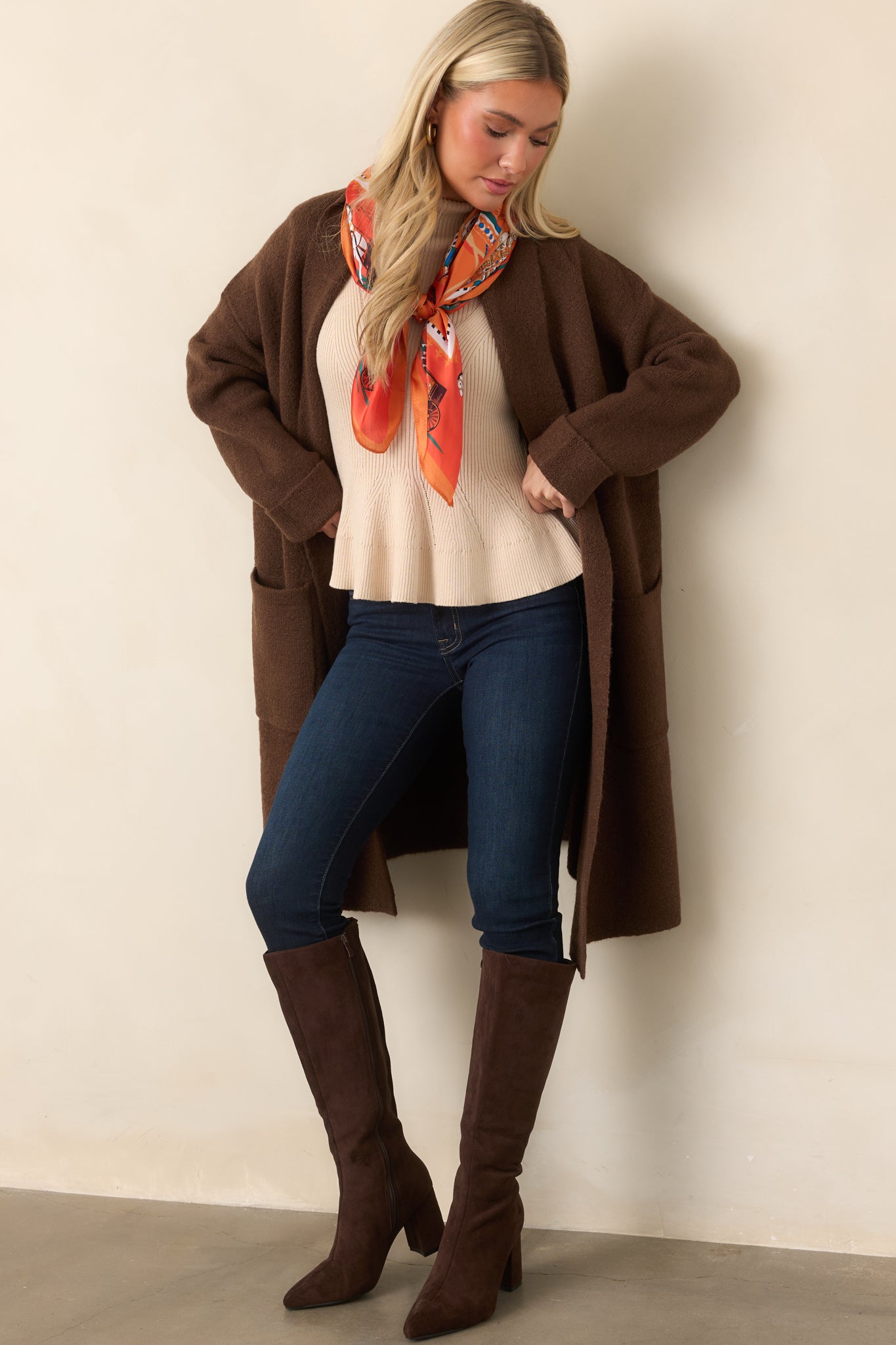 Make Yourself Comfortable Brown Longline Knit Cardigan | Red Dress