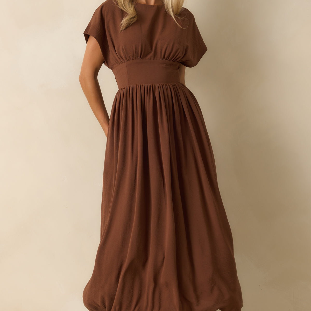 Women's As Promised Brown Short Sleeve Cinched Waist Maxi Dress | Size: S