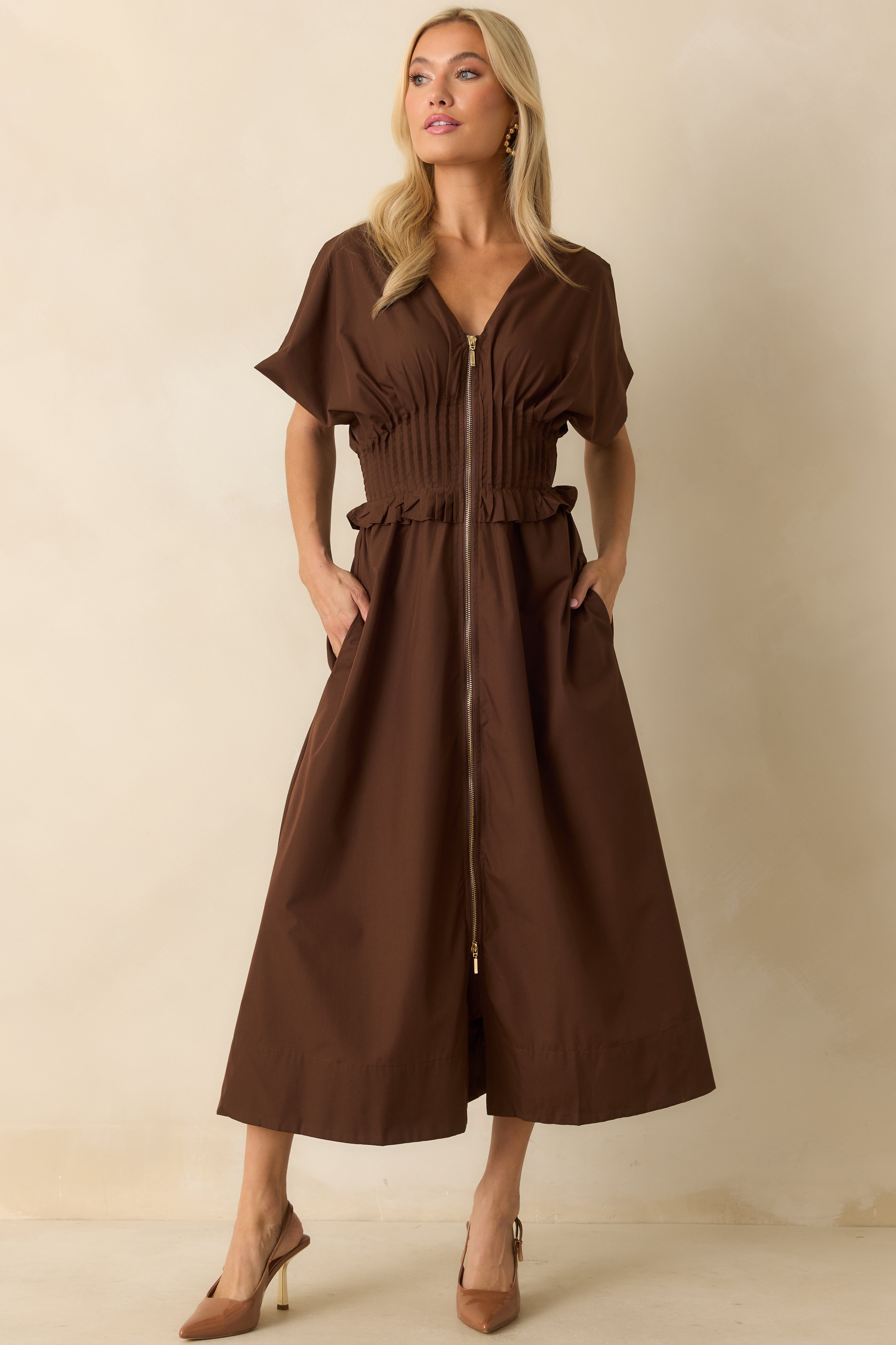 Brown maxi dress with a V-neckline and short sleeves, emphasizing the smocked waist and soft woven material.