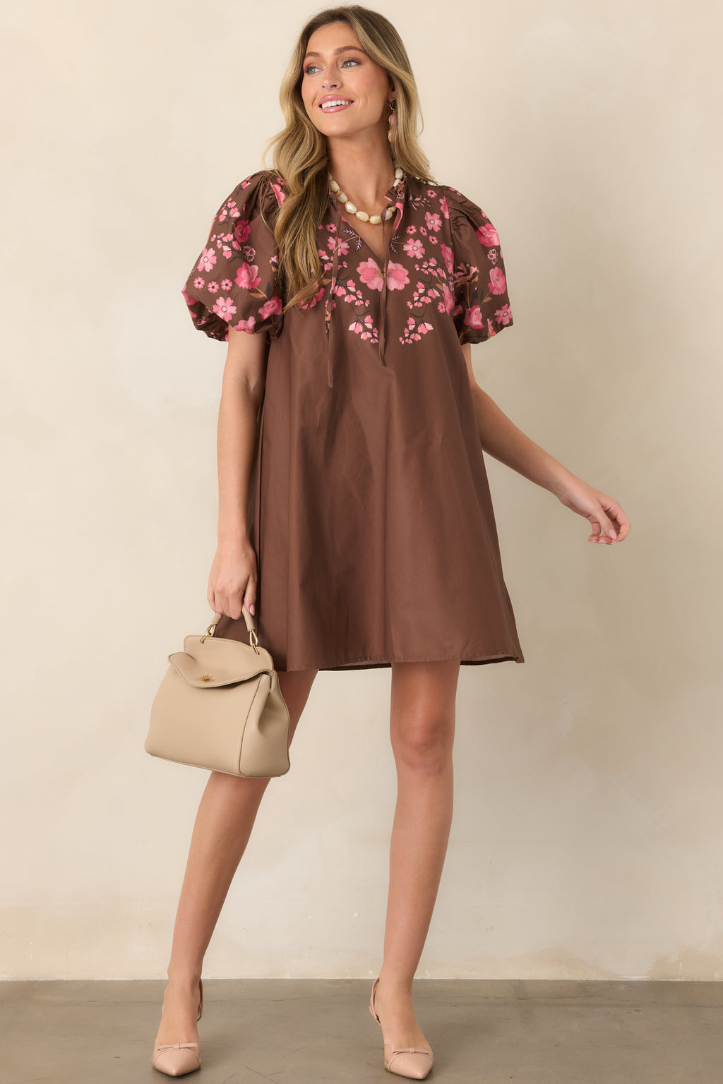 Pretty Particular Brown & Pink Floral Cotton Mini Dress