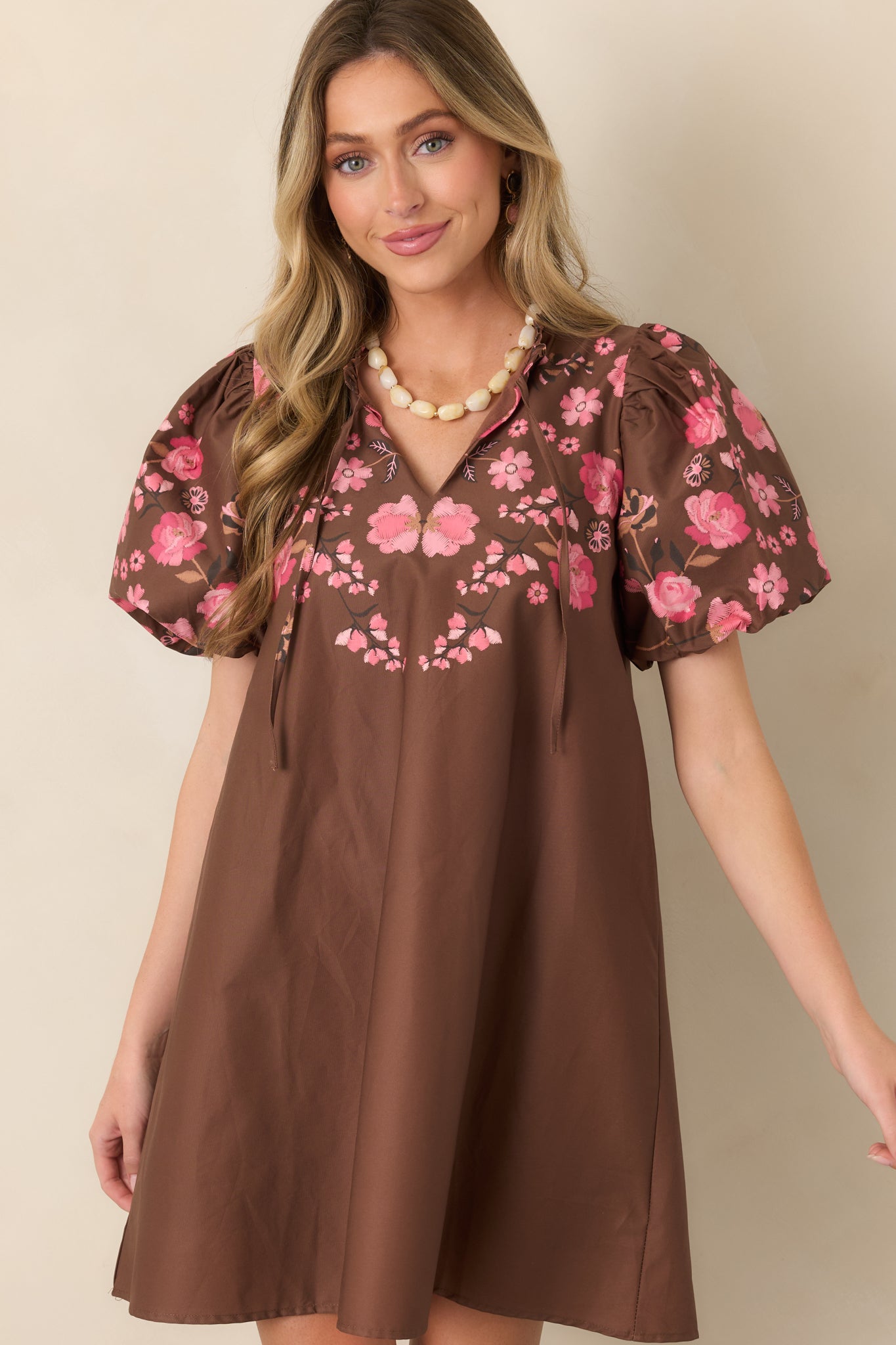 Pretty Particular Brown & Pink Floral Cotton Mini Dress