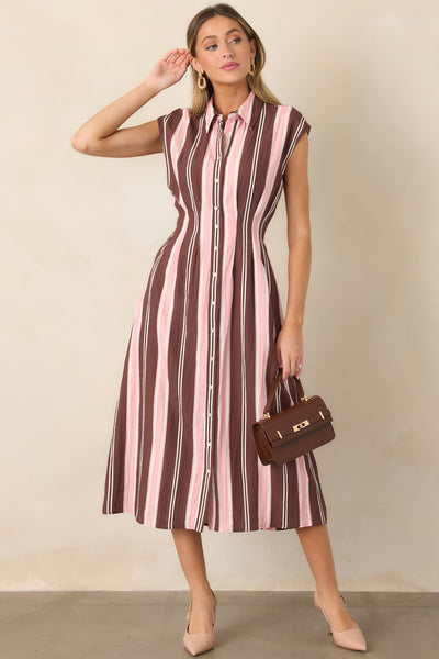 red and brown striped dress Coffee & Conversation & Pink Stripe Midi Shirt Mini dress